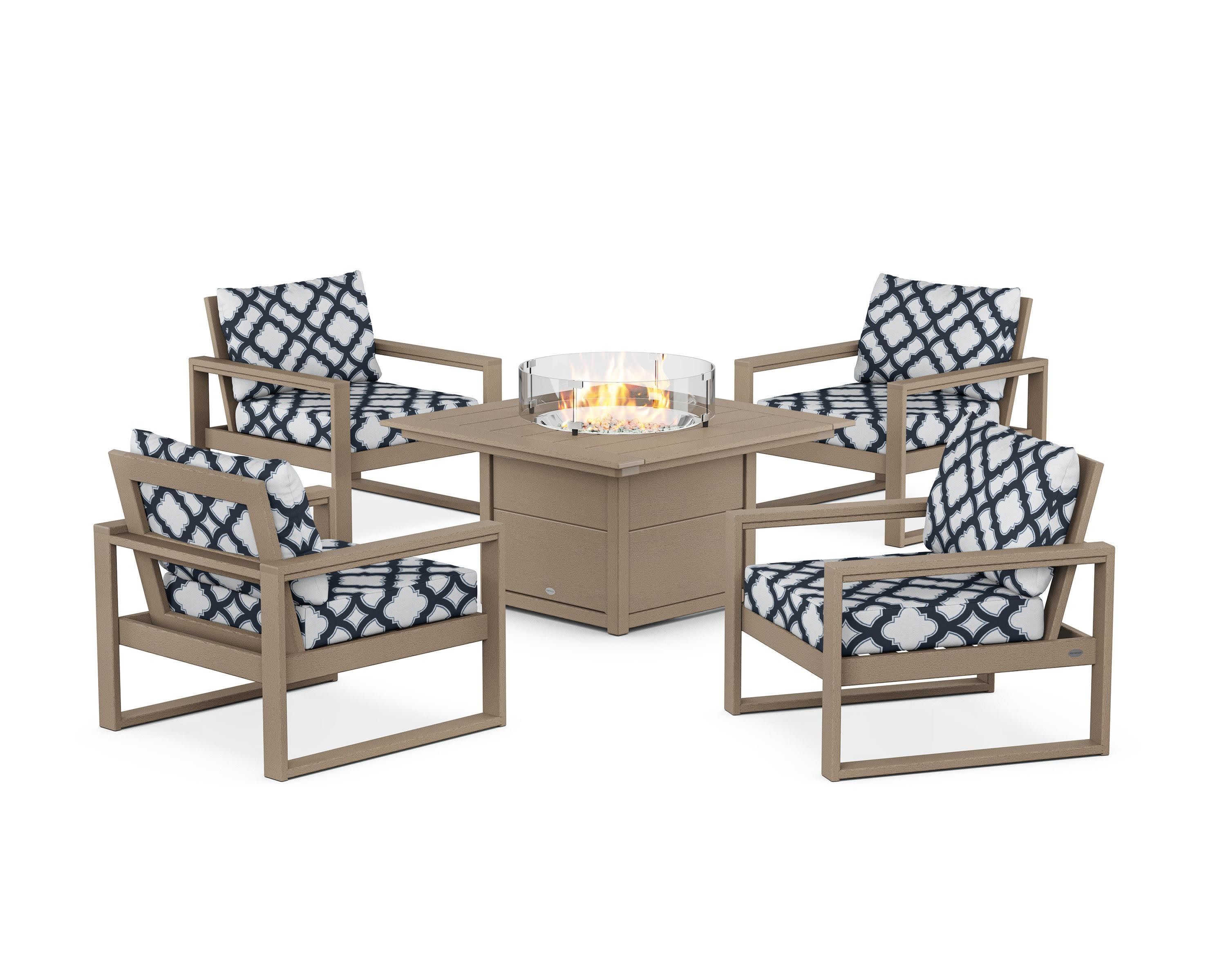 EDGE Sectional 5-Piece Deep Seating Set with Fire Pit Table in Vintage Sahara / Trellis Marine Indigo