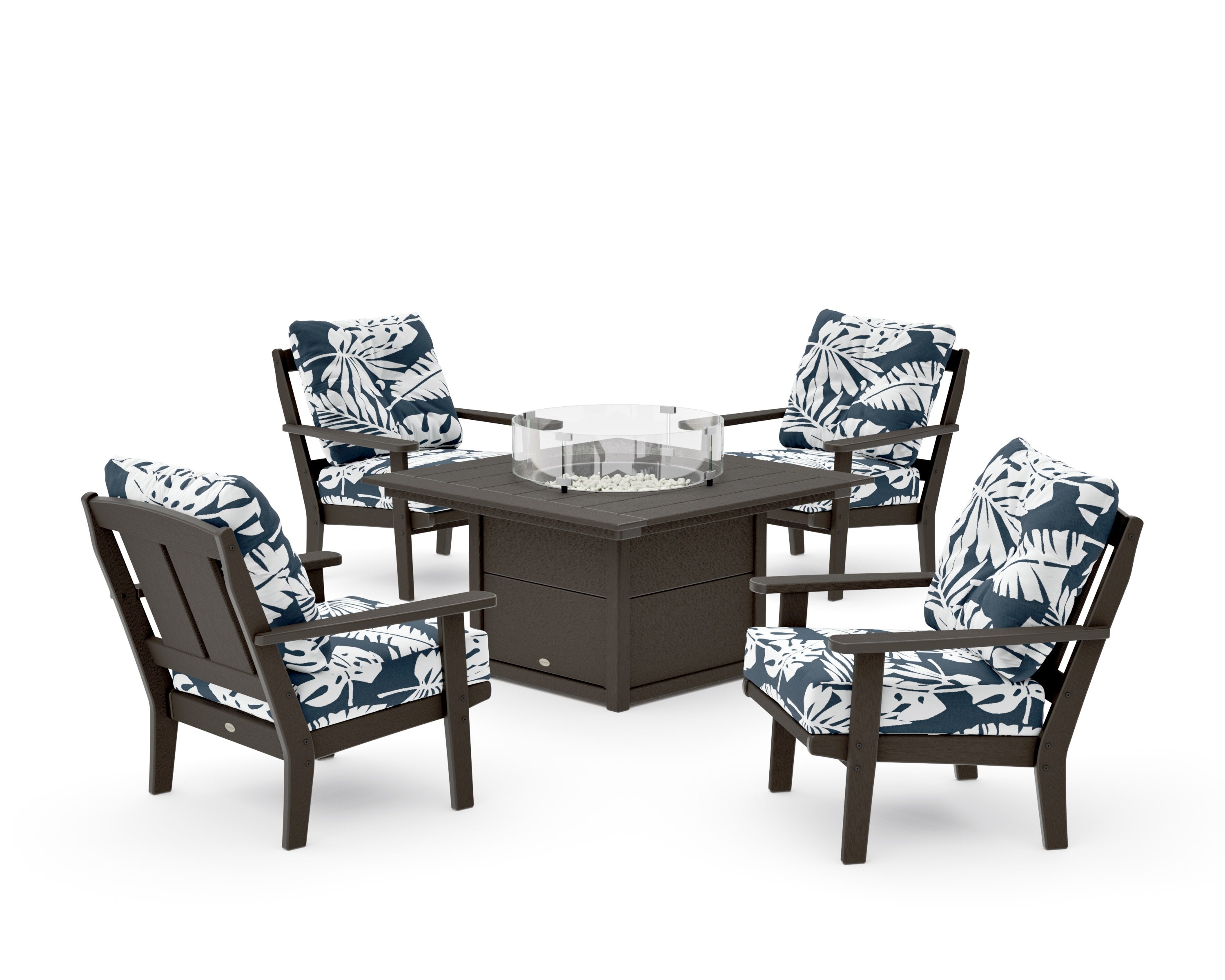Mission 5-Piece Deep Seating Set with Fire Pit Table in Vintage Coffee / Leaf Marine Indigo