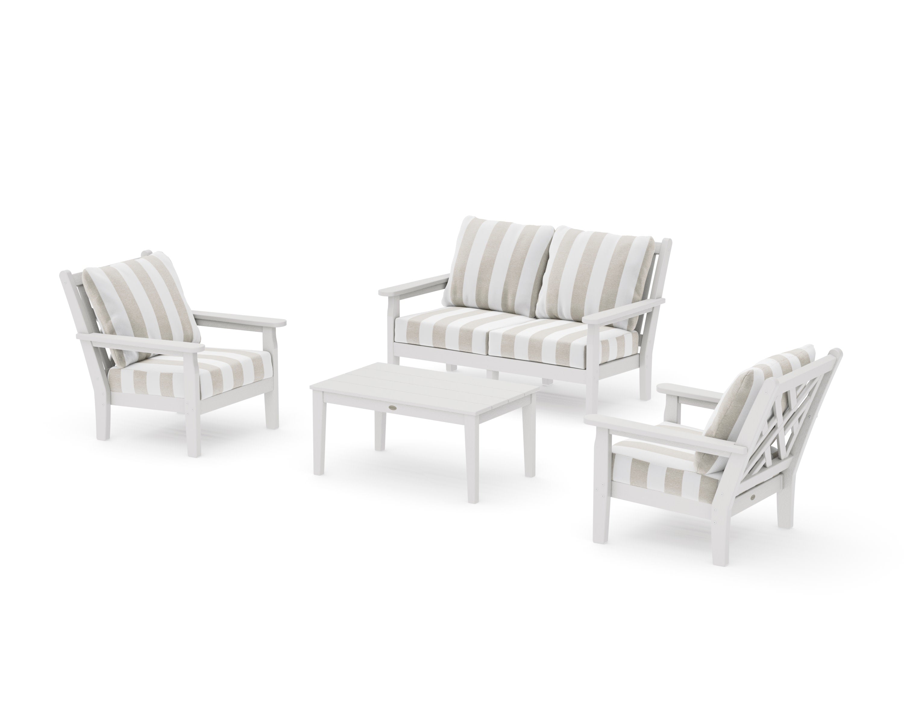 Chippendale 4-Piece Deep Seating Set with Loveseat in Vintage White / Cabana Stripe Dune Burlap