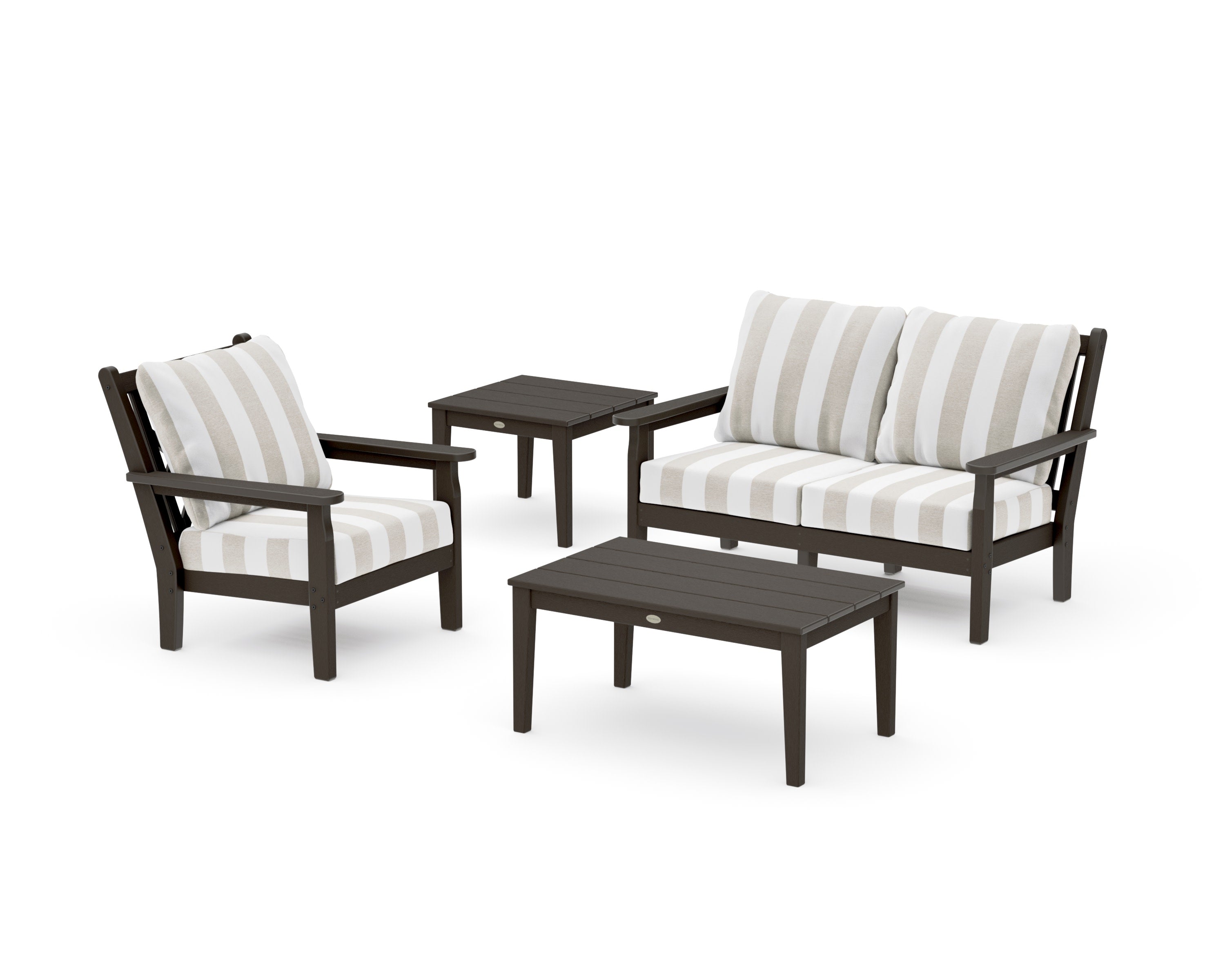 Chippendale 4-Piece Deep Seating Set in Vintage Coffee / Cabana Stripe Dune Burlap
