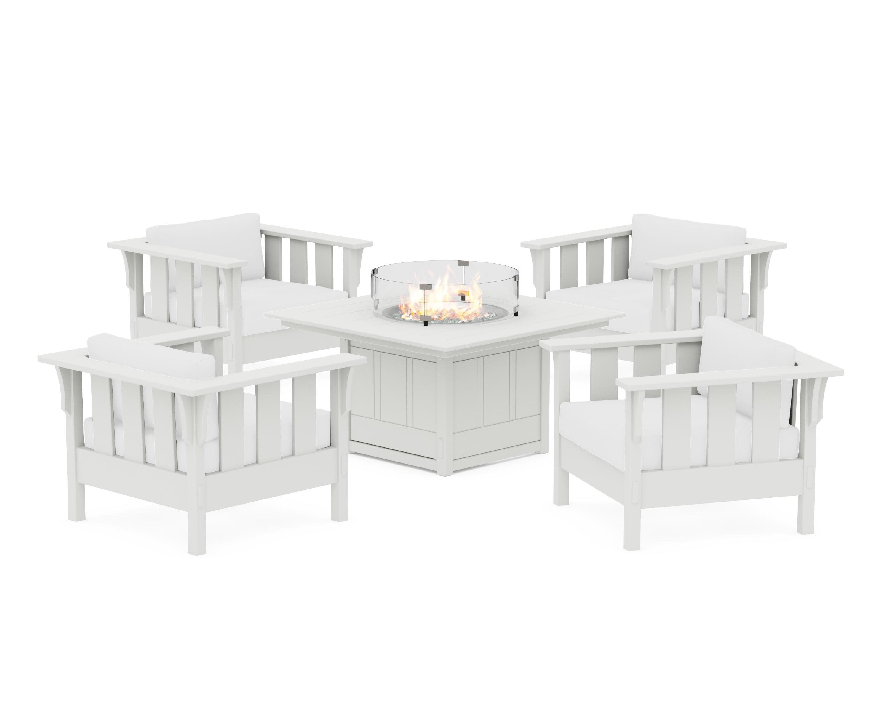 Acadia 5-Piece Deep Seating Set with Fire Pit Table in Vintage White / Natural