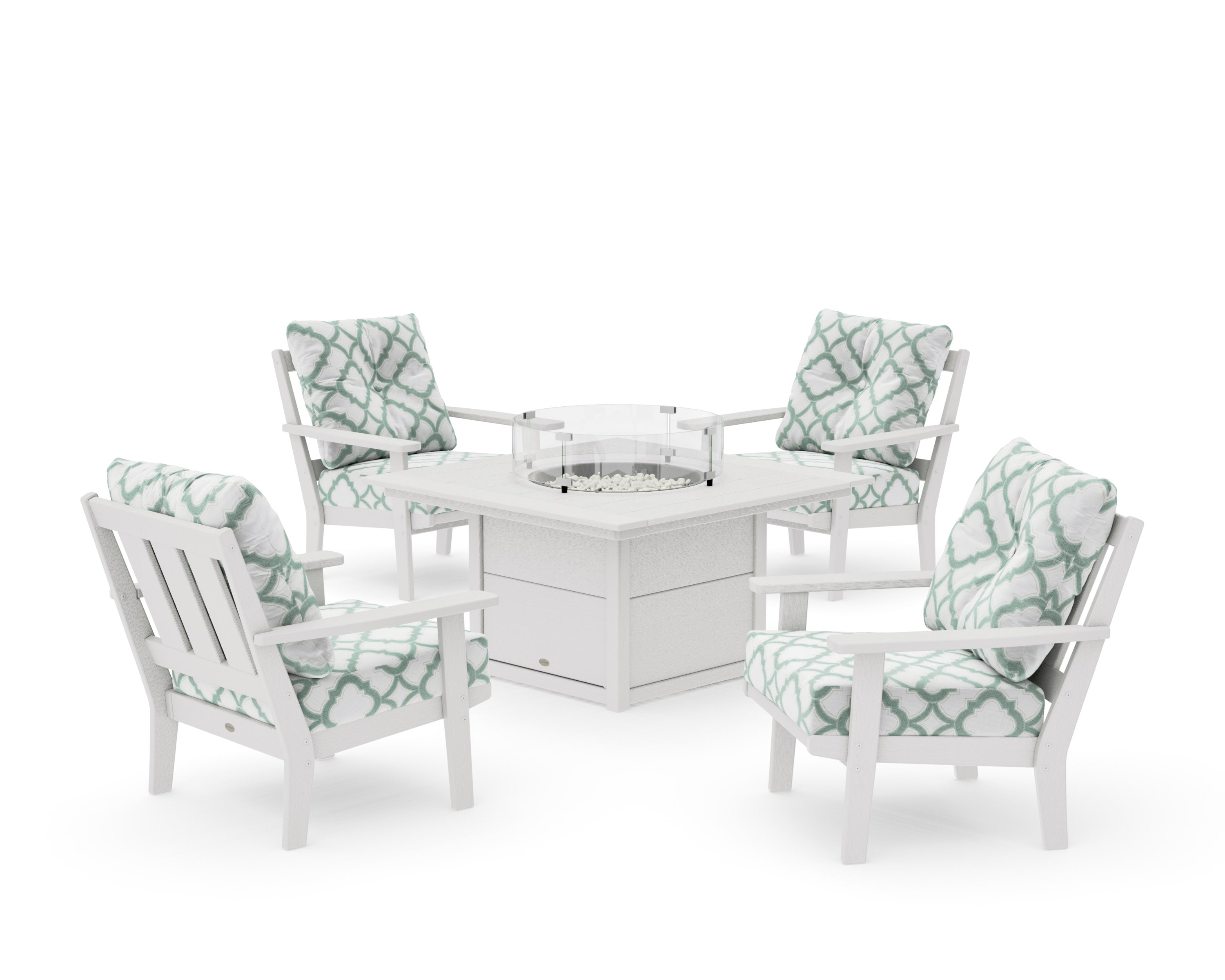 Oxford 5-Piece Deep Seating Set with Fire Pit Table in Vintage White / Trellis Glacier Spa