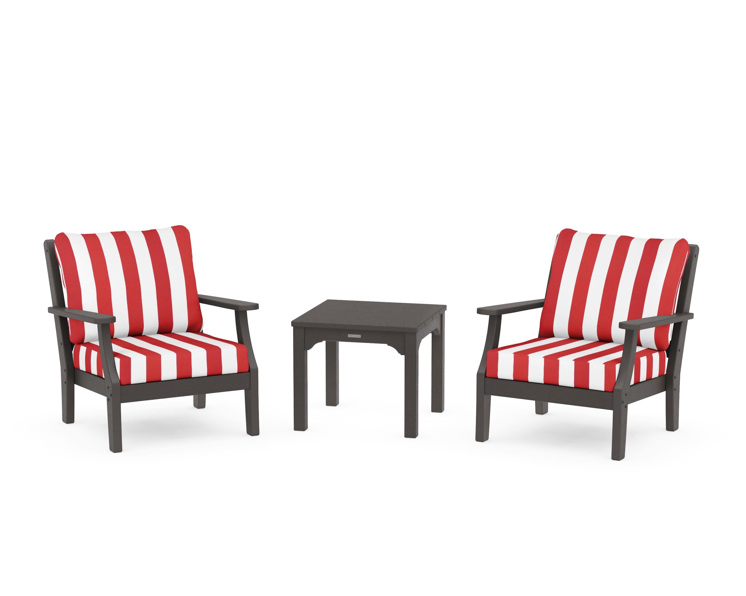 Chinoiserie 3-Piece Deep Seating Set in Vintage Coffee / Cabana Stripe Crimson