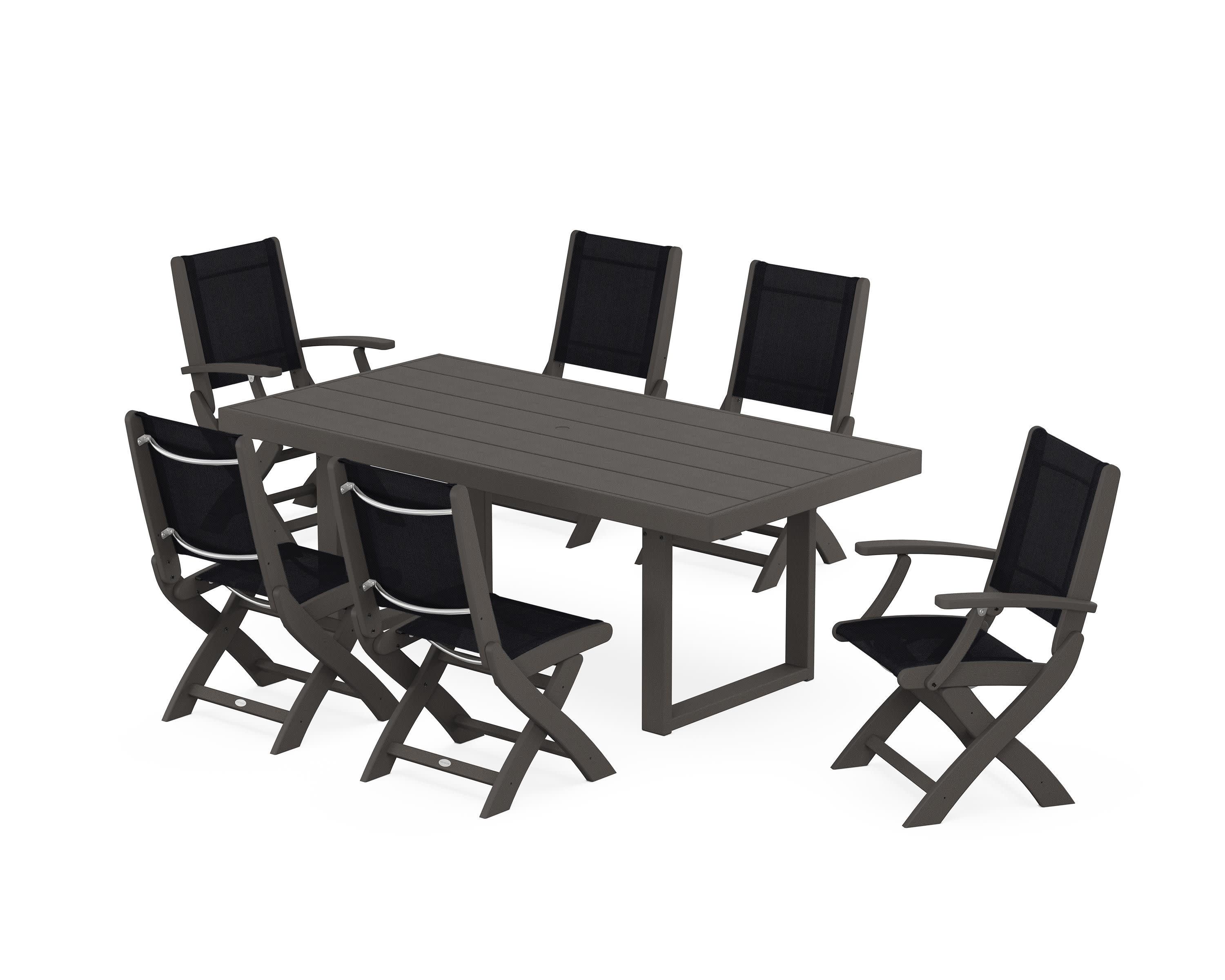 Coastal Folding Chair 7-Piece Dining Set with Trestle Legs in Vintage Coffee / Black Sling