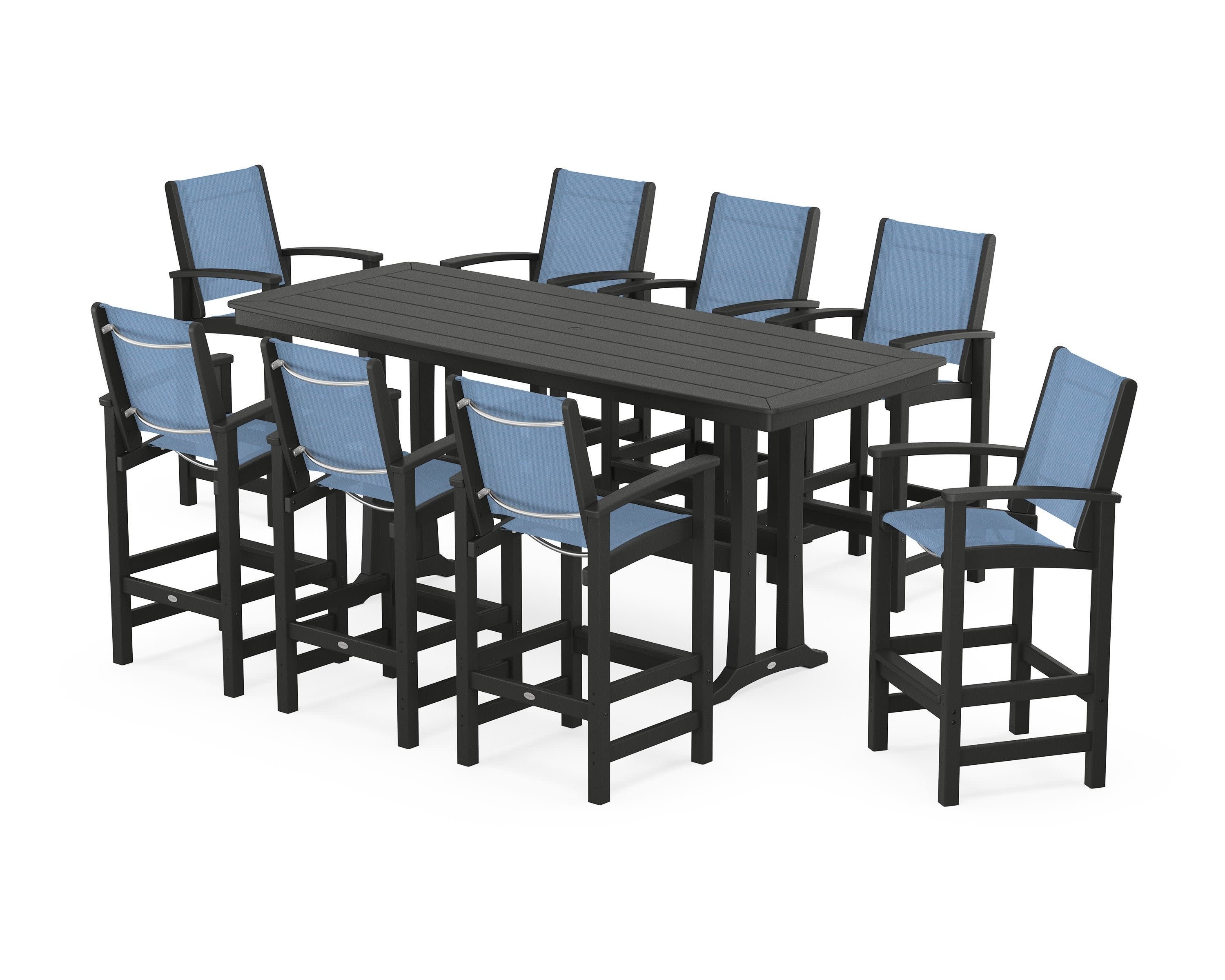 Coastal 9-Piece Bar Set with Trestle Legs in Black / Poolside Sling