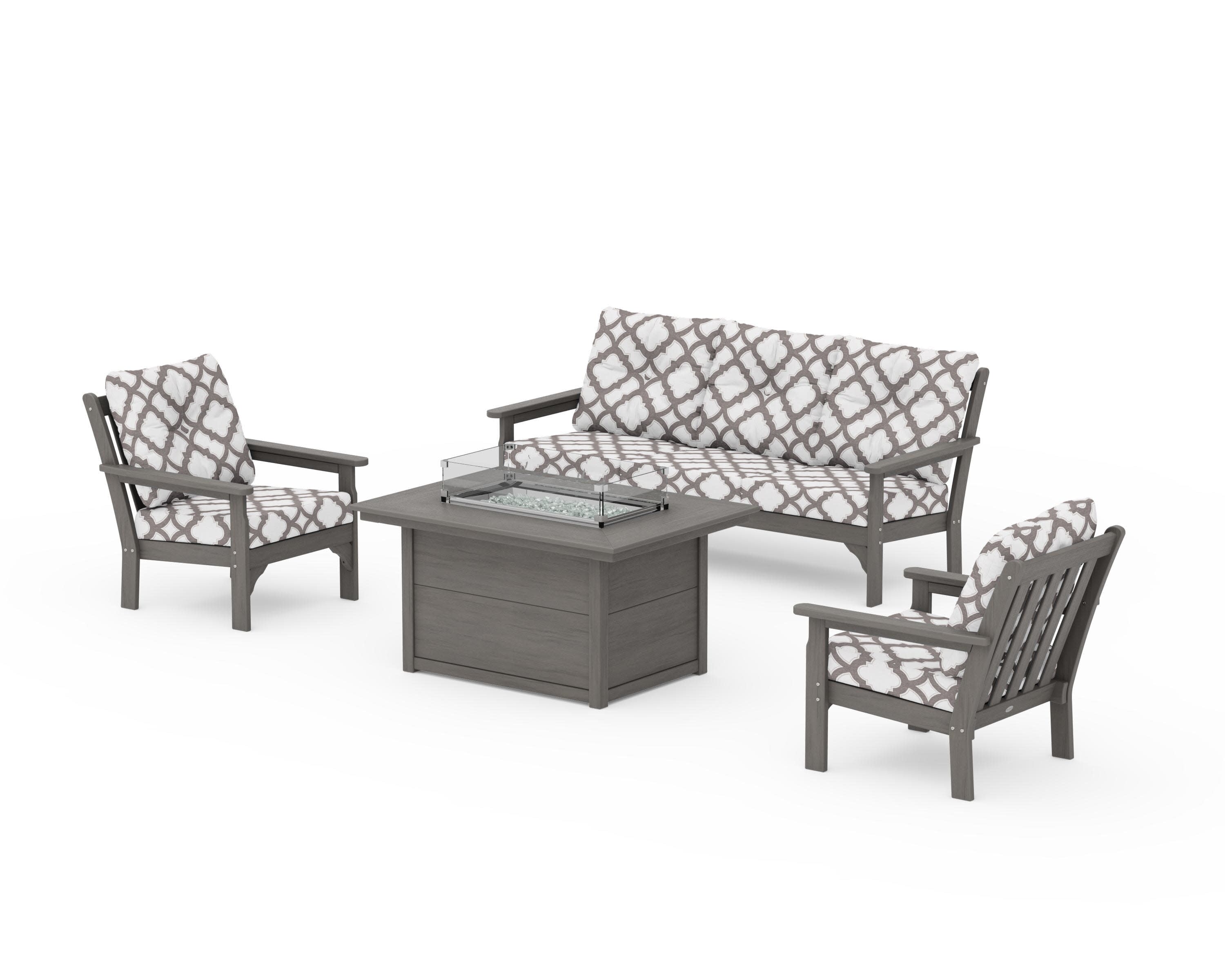 Vineyard Deep Seating Fire Pit Table Set in Driftwood / Trellis Grey Mist