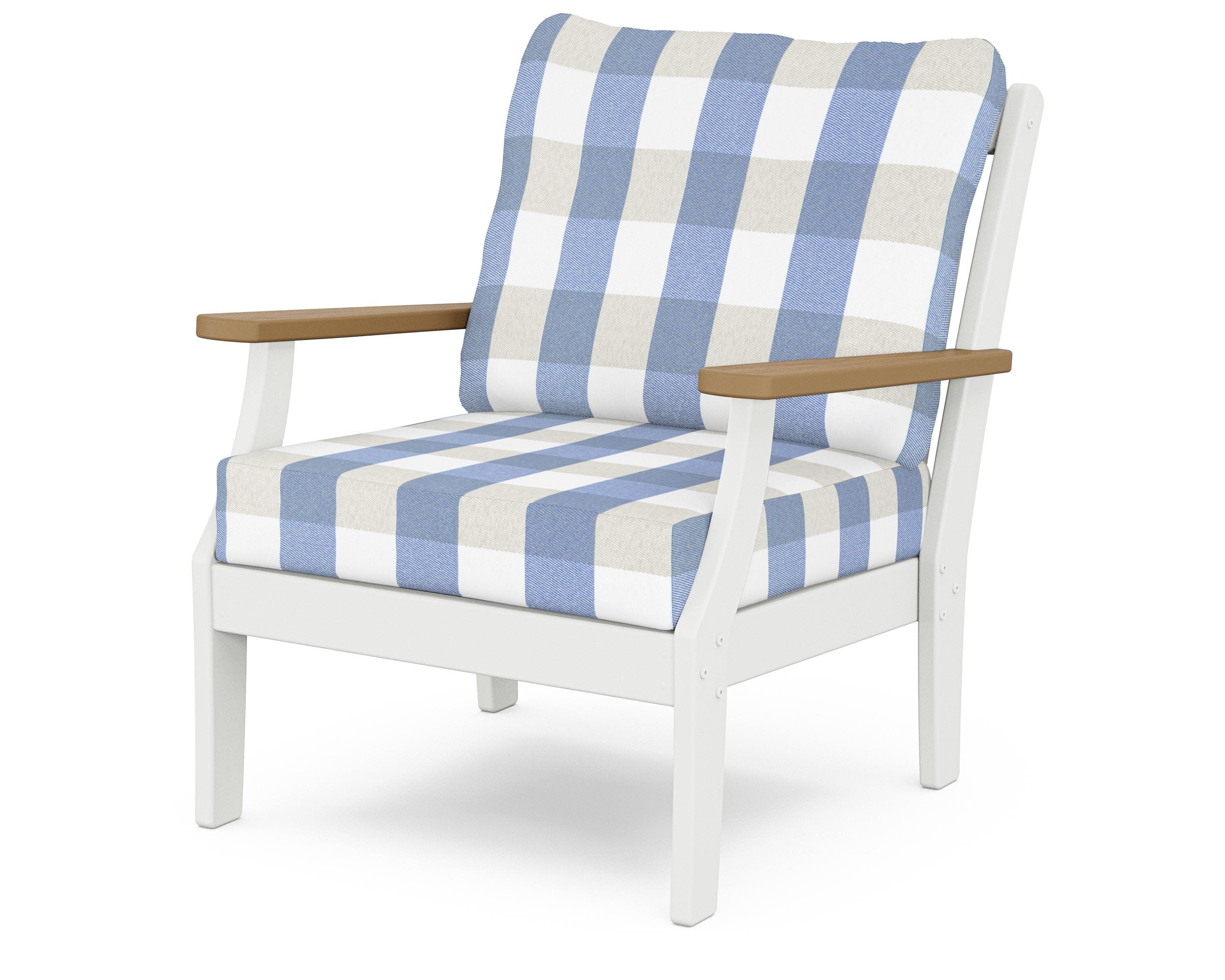 Braxton Deep Seating Chair in White / Natural / Buffalo Plaid Sky Blue