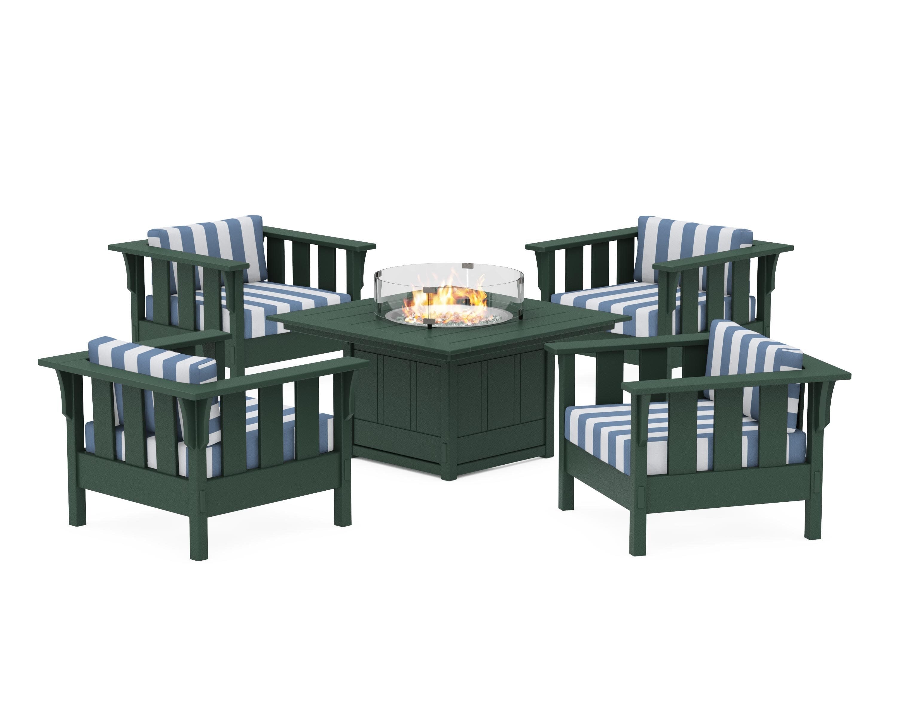 Acadia 5-Piece Deep Seating Set with Fire Pit Table in Green / Cabana Stripe Sky Blue