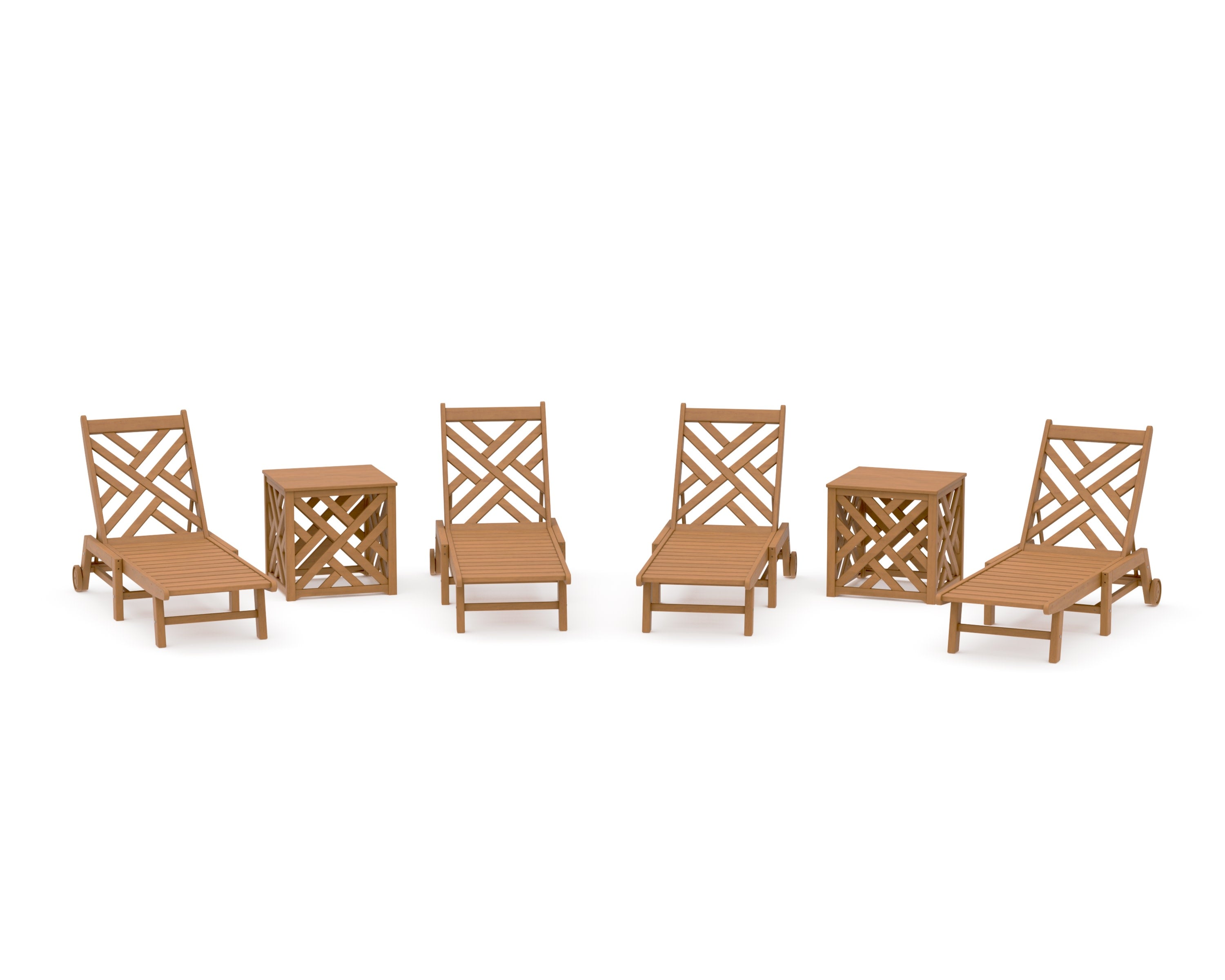 Chippendale 6-Piece Chaise Set with Wheels and Umbrella Stand Accent Table in Natural