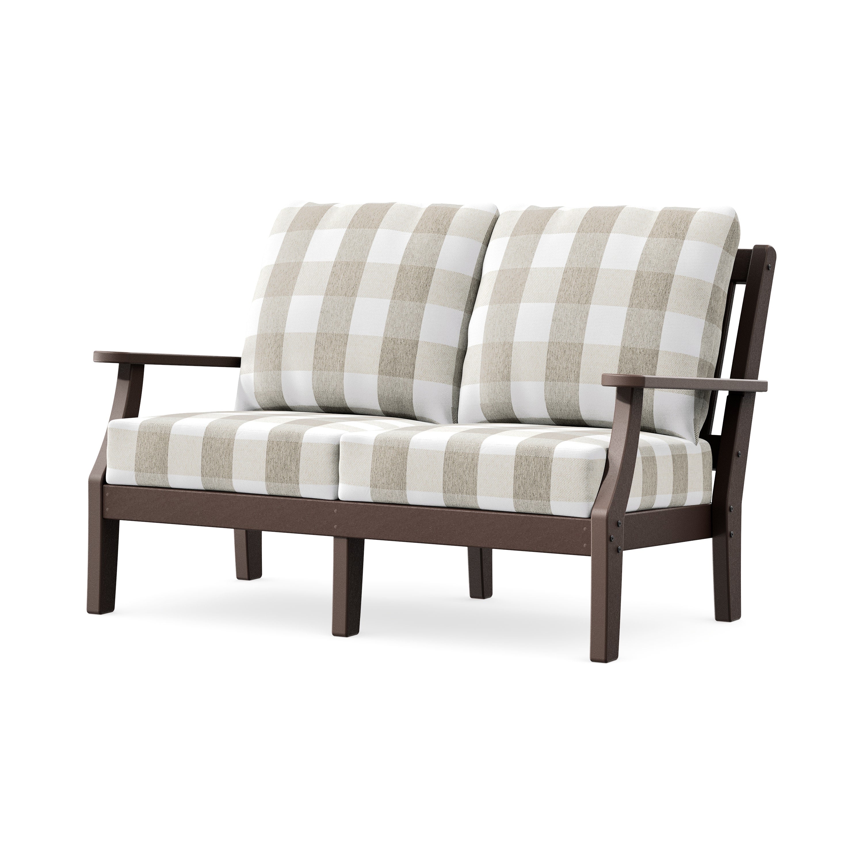 Chinoiserie Deep Seating Loveseat in Mahogany / Buffalo Plaid Dune Burlap