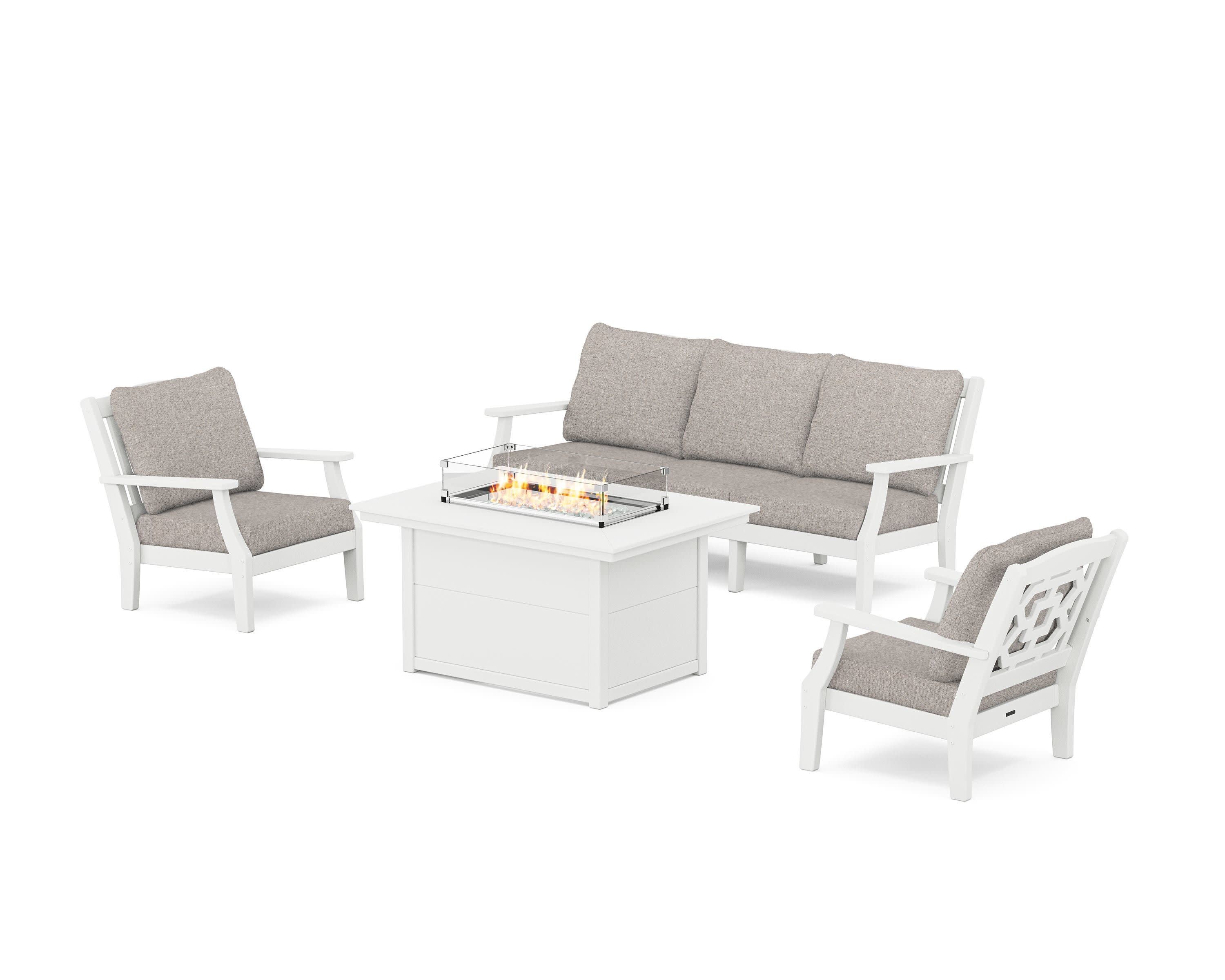 Chinoiserie Deep Seating Fire Pit Table Set in White / Weathered Tweed