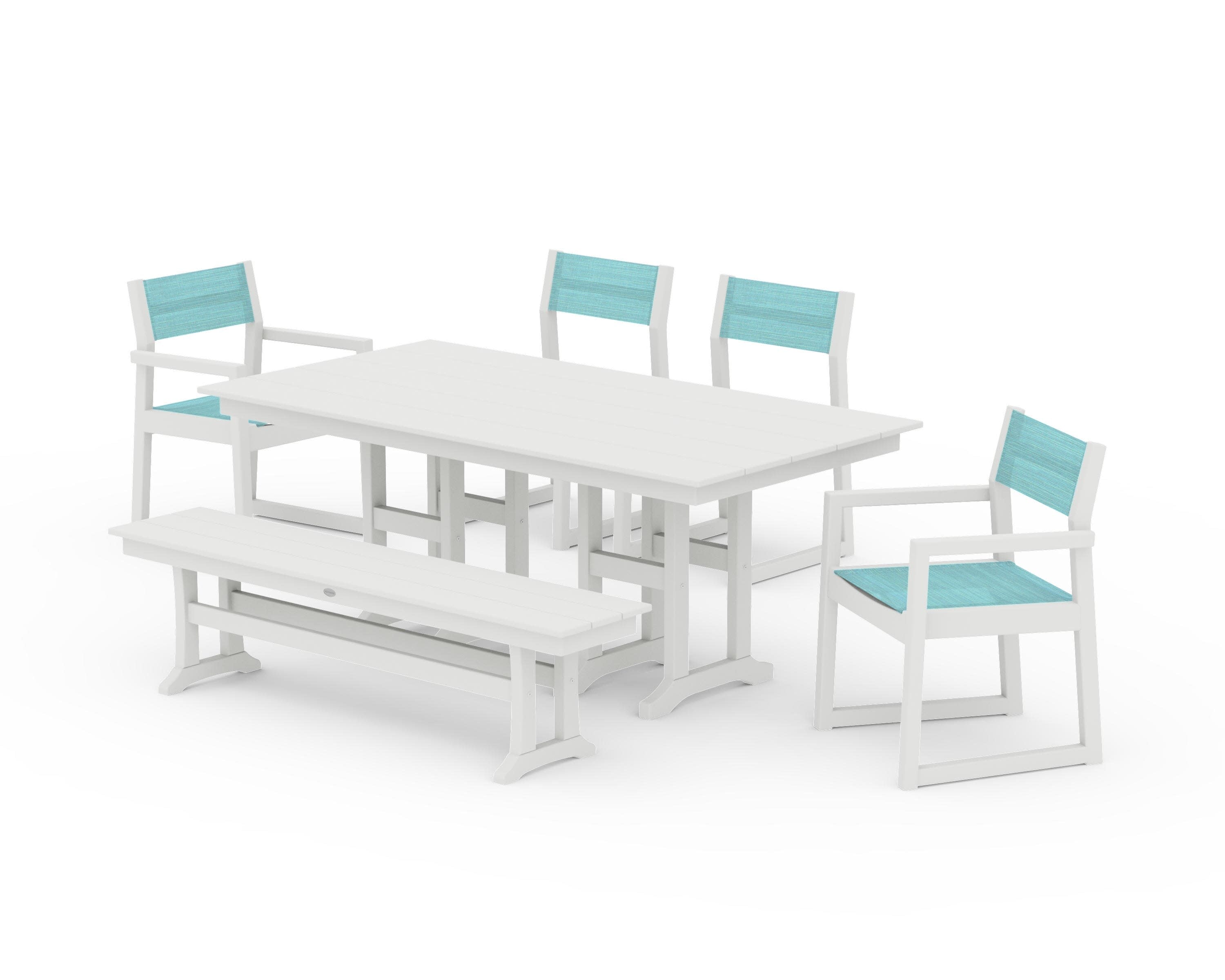 EDGE Sling 6-Piece Farmhouse Dining Set in Vintage White / Dupioni Aquamarine Sling