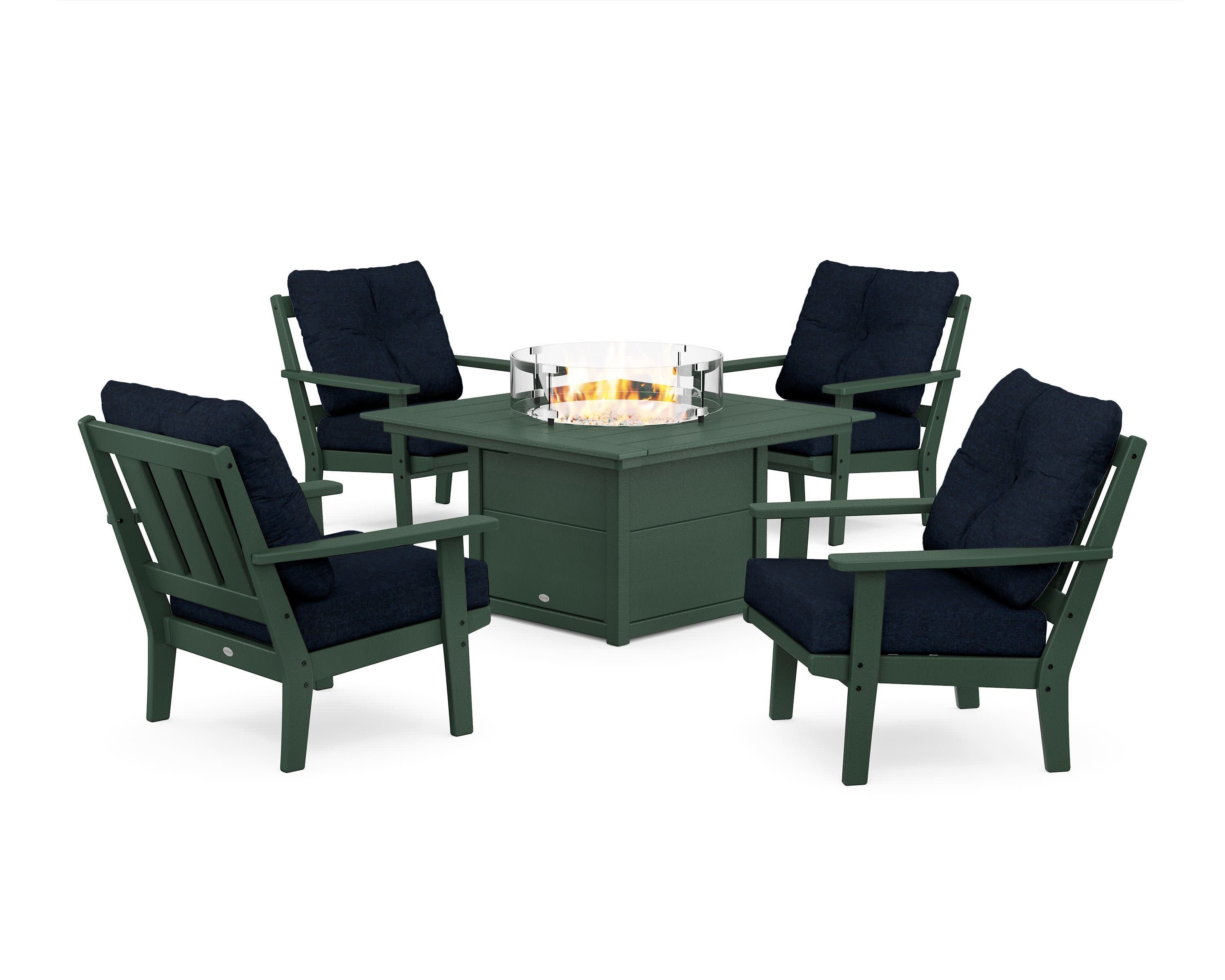 Oxford 5-Piece Deep Seating Set with Fire Pit Table in Green / Marine Indigo