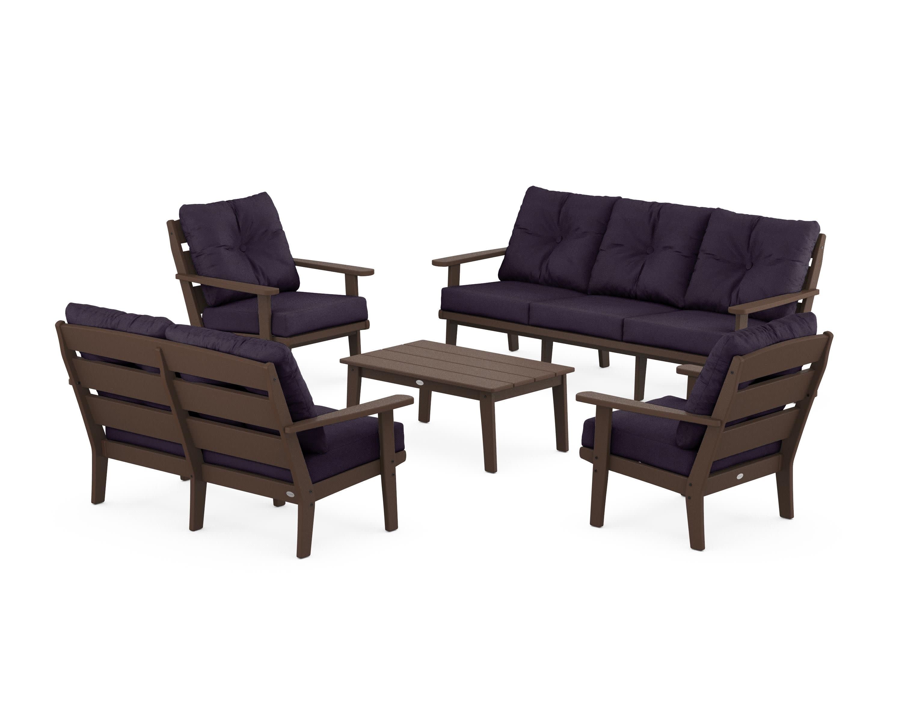 Lakeside 5-Piece Lounge Sofa Set in Mahogany / Navy Linen