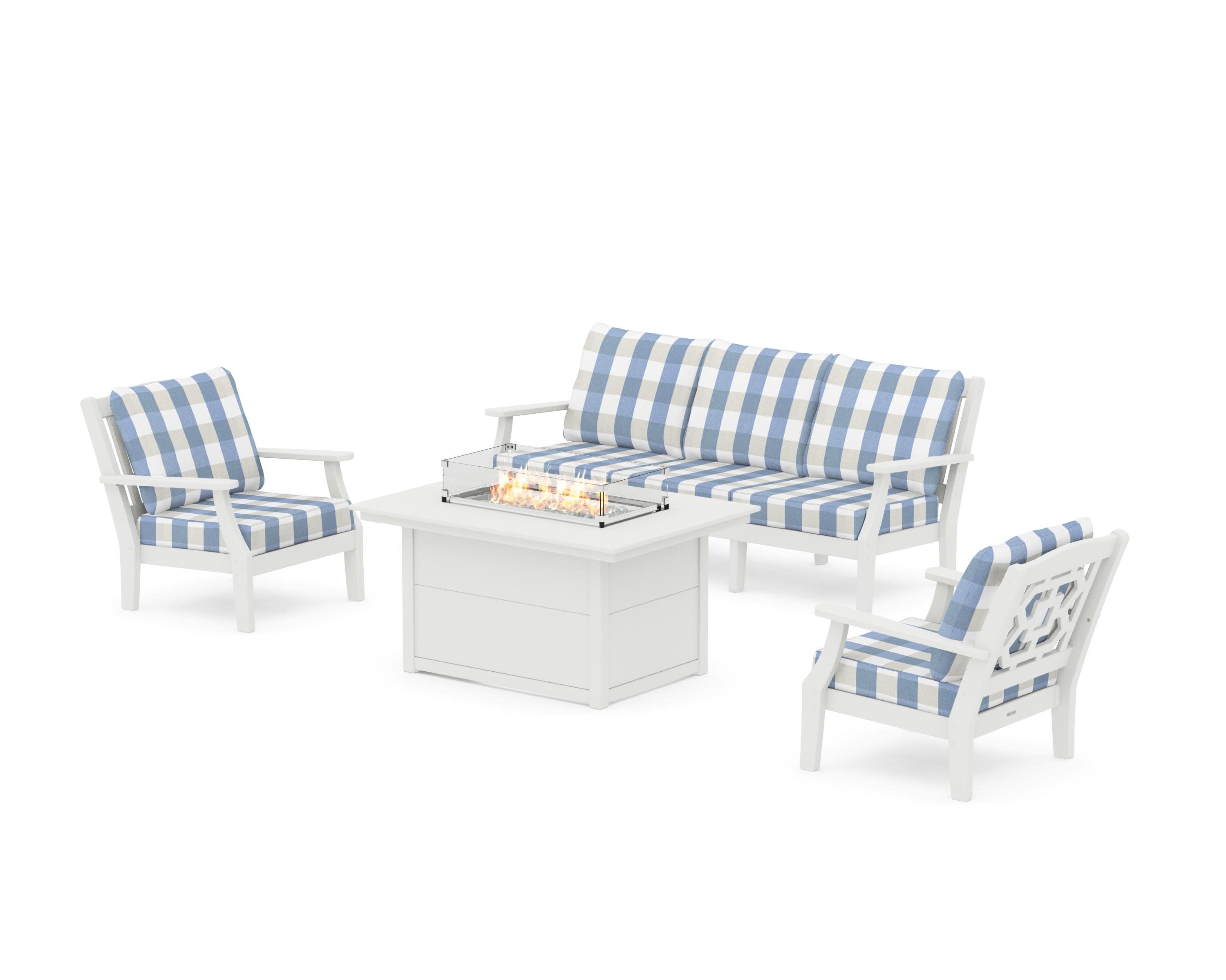 Chinoiserie Deep Seating Fire Pit Table Set in Vintage White / Buffalo Plaid Sky Blue