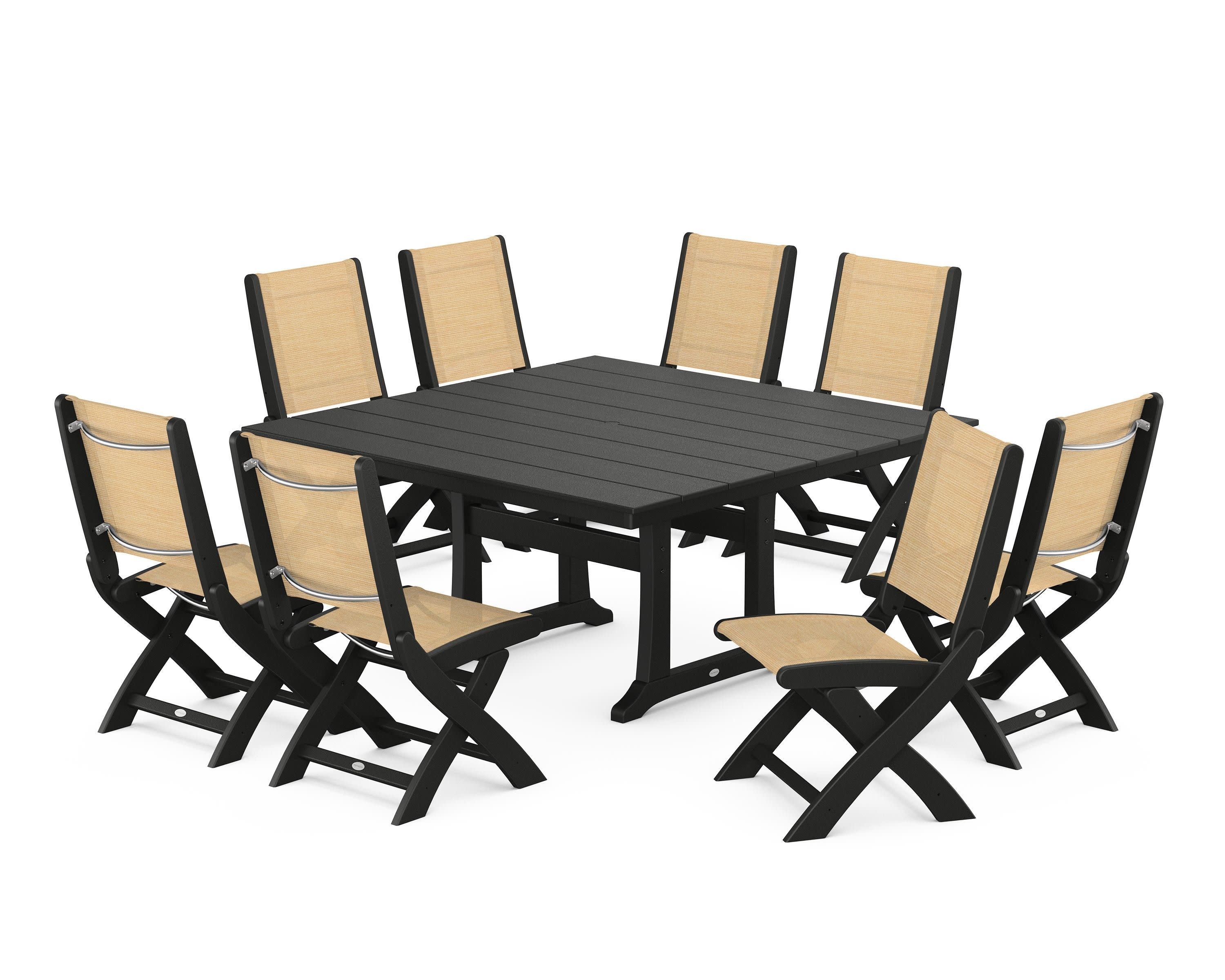 Coastal Folding Side Chair 9-Piece Farmhouse Dining Set in Black / Dupioni Apricot Sling