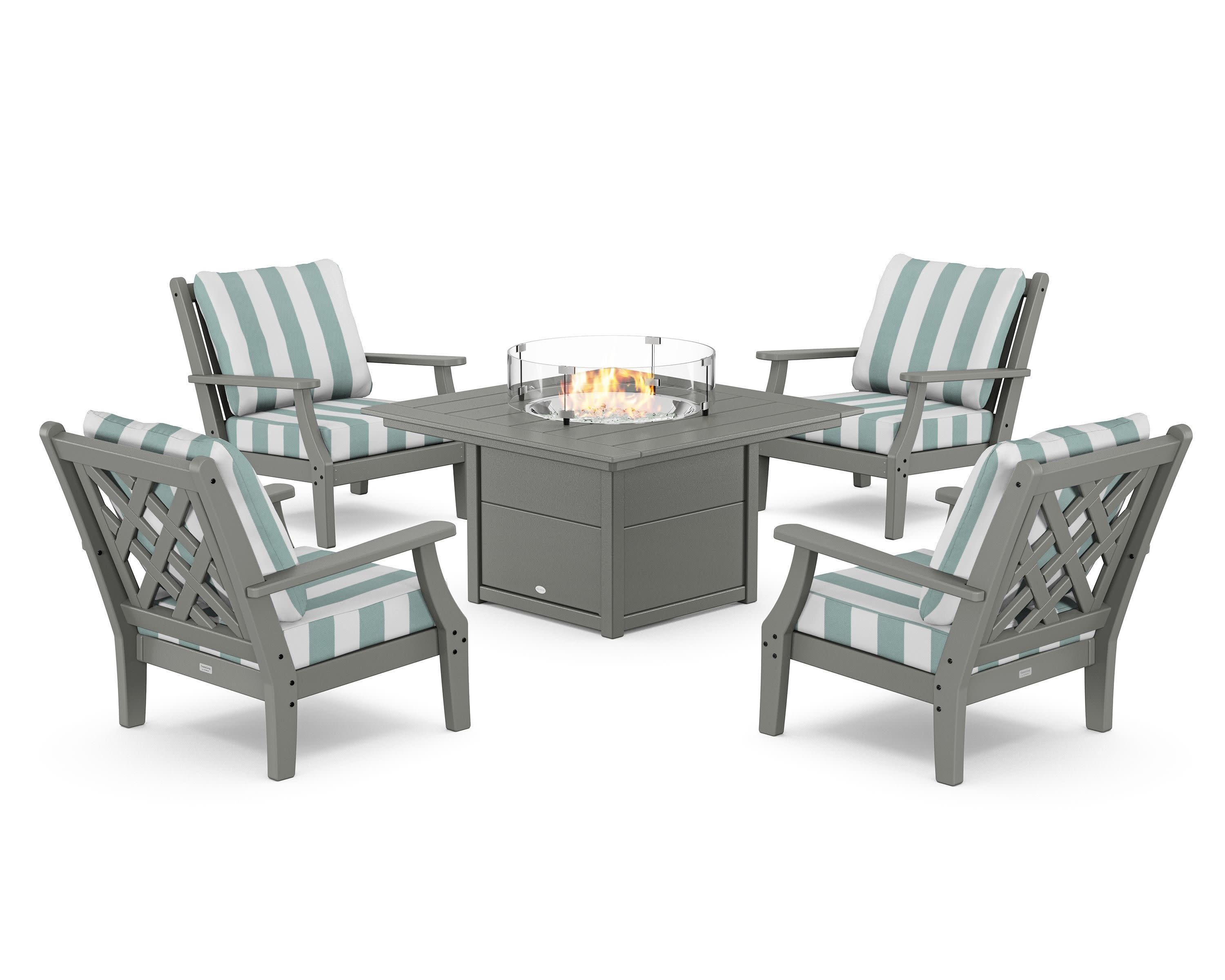 Wovendale 5-Piece Deep Seating Set with Fire Pit Table in Slate Grey / Cabana Stripe Glacier Spa