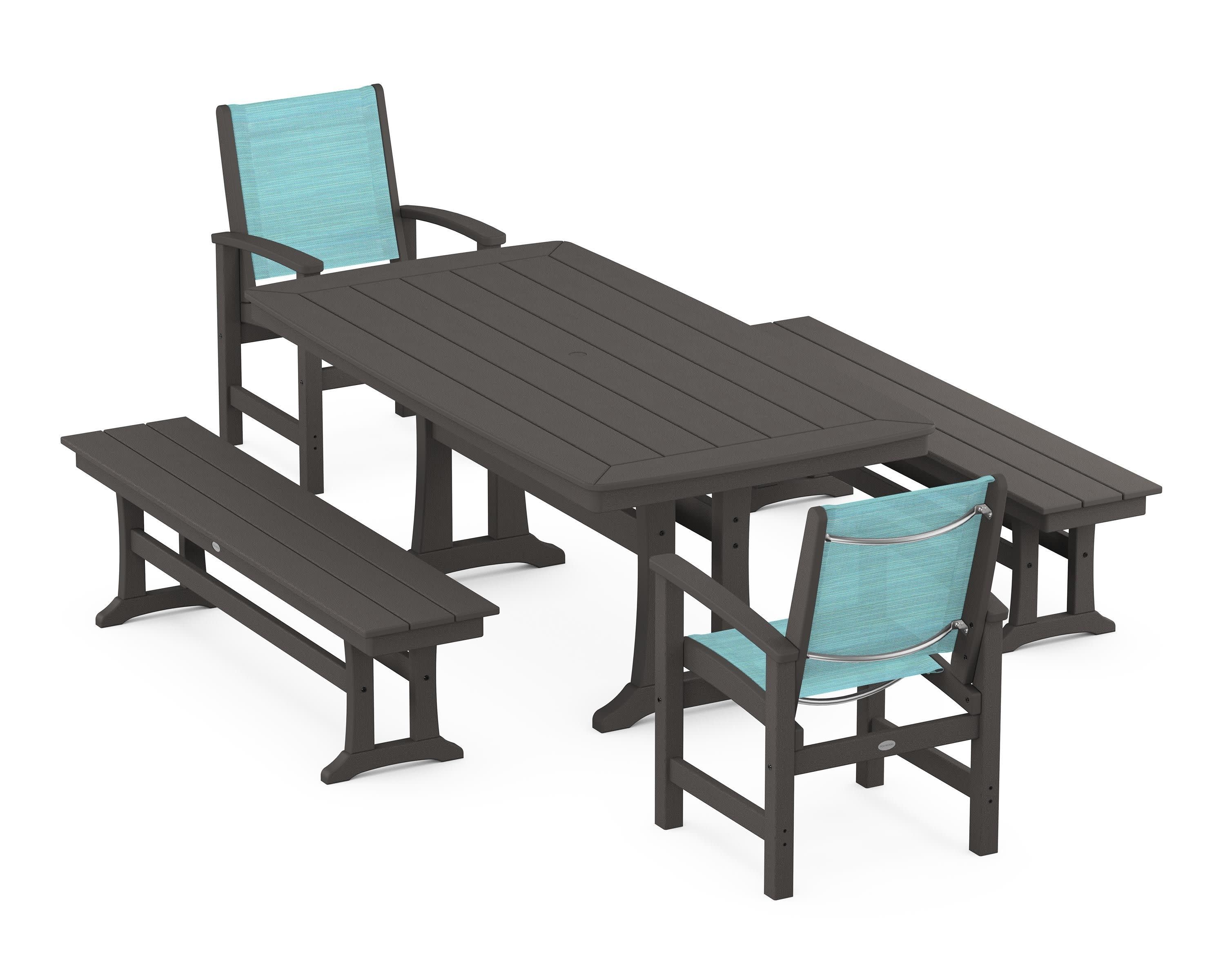 Coastal 5-Piece Dining Set with Trestle Legs and Benches in Vintage Coffee / Dupioni Aquamarine Sling