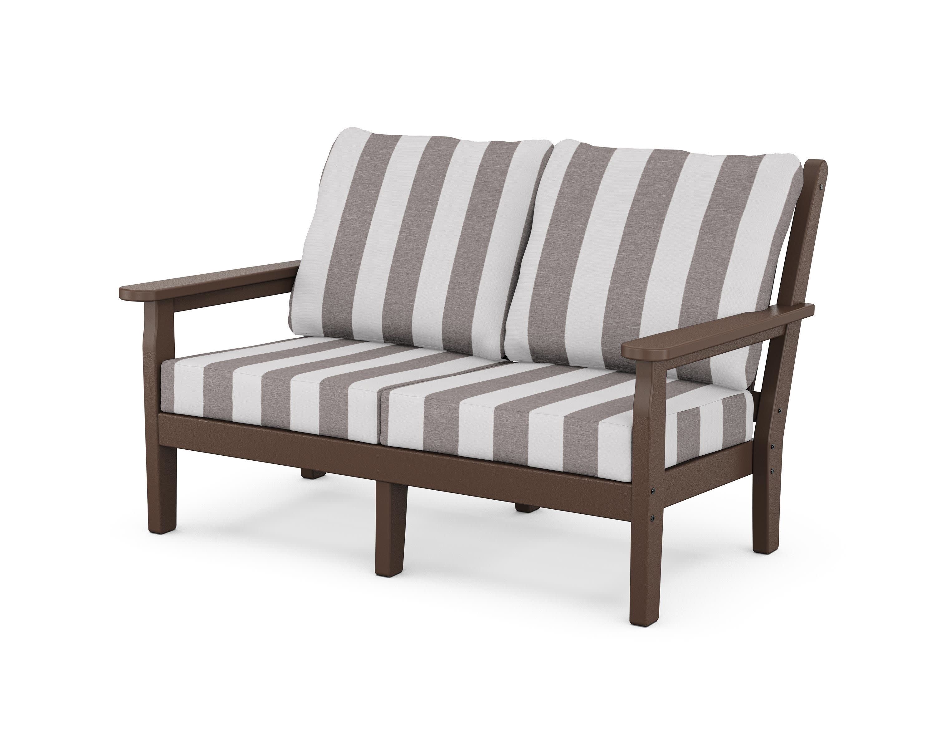 Chippendale Deep Seating Loveseat in Mahogany / Cabana Stripe Grey Mist