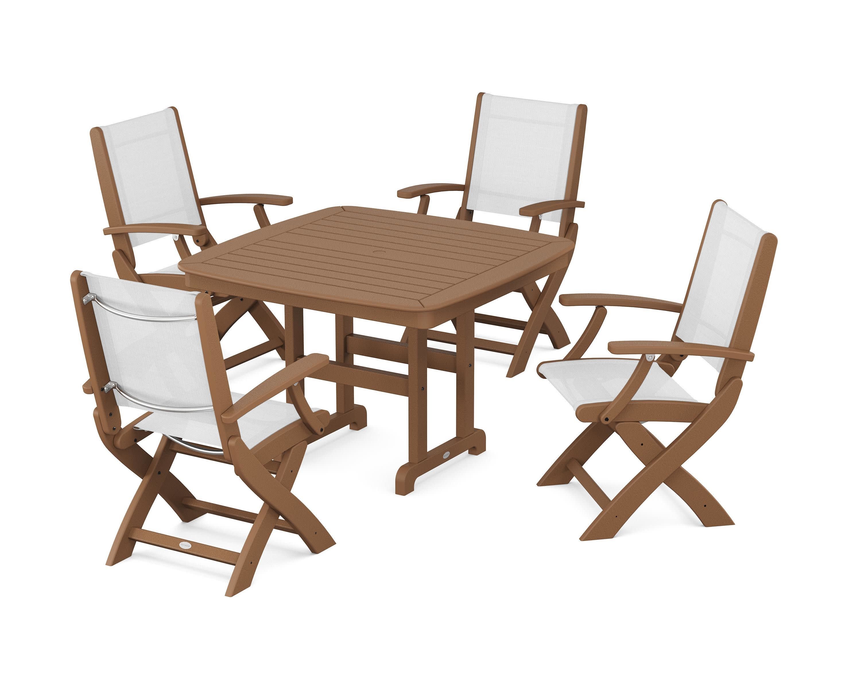 Coastal Folding Chair 5-Piece Dining Set in Teak / White Sling