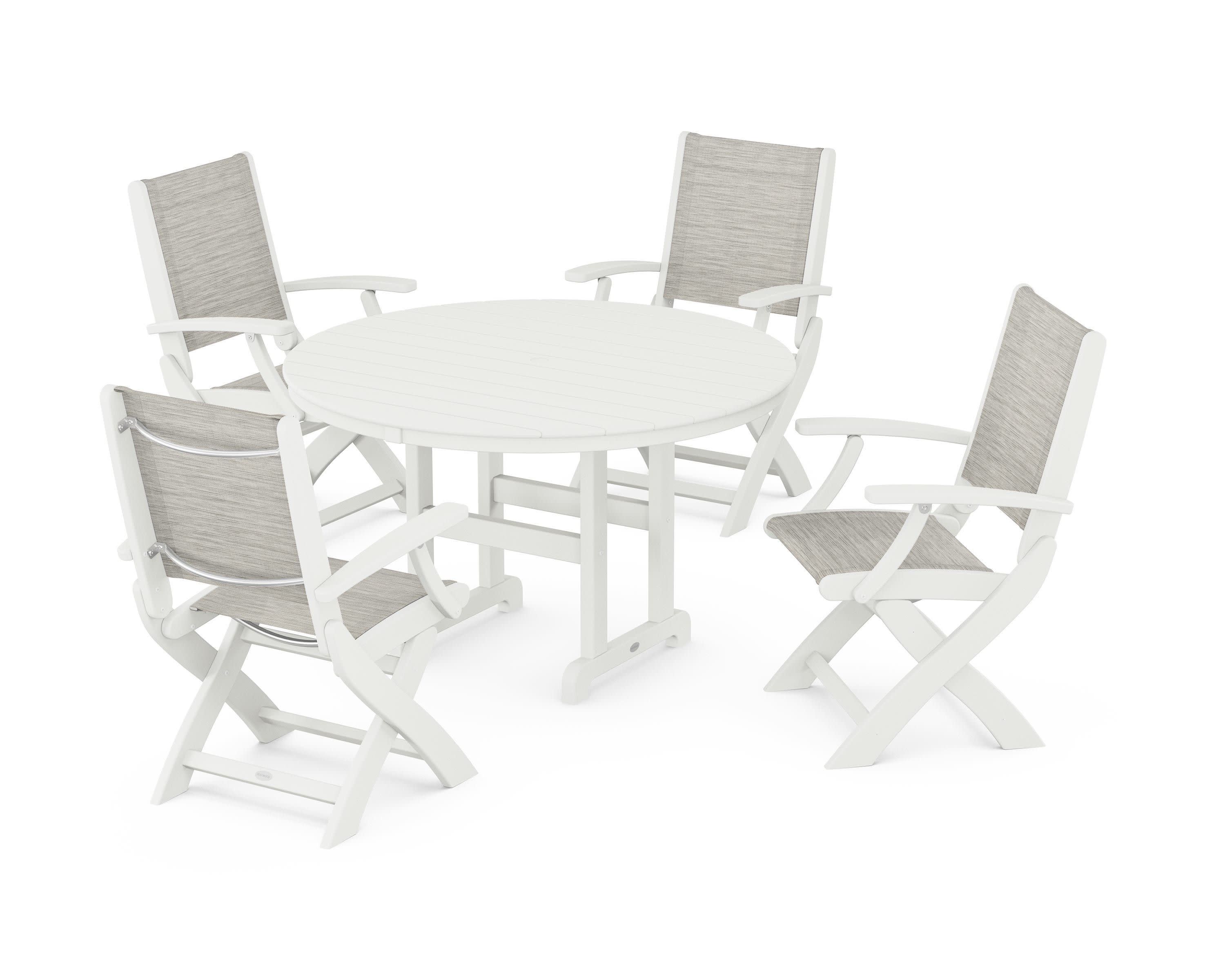 Coastal Folding Chair 5-Piece Round Dining Set in Vintage White / Birch Sling