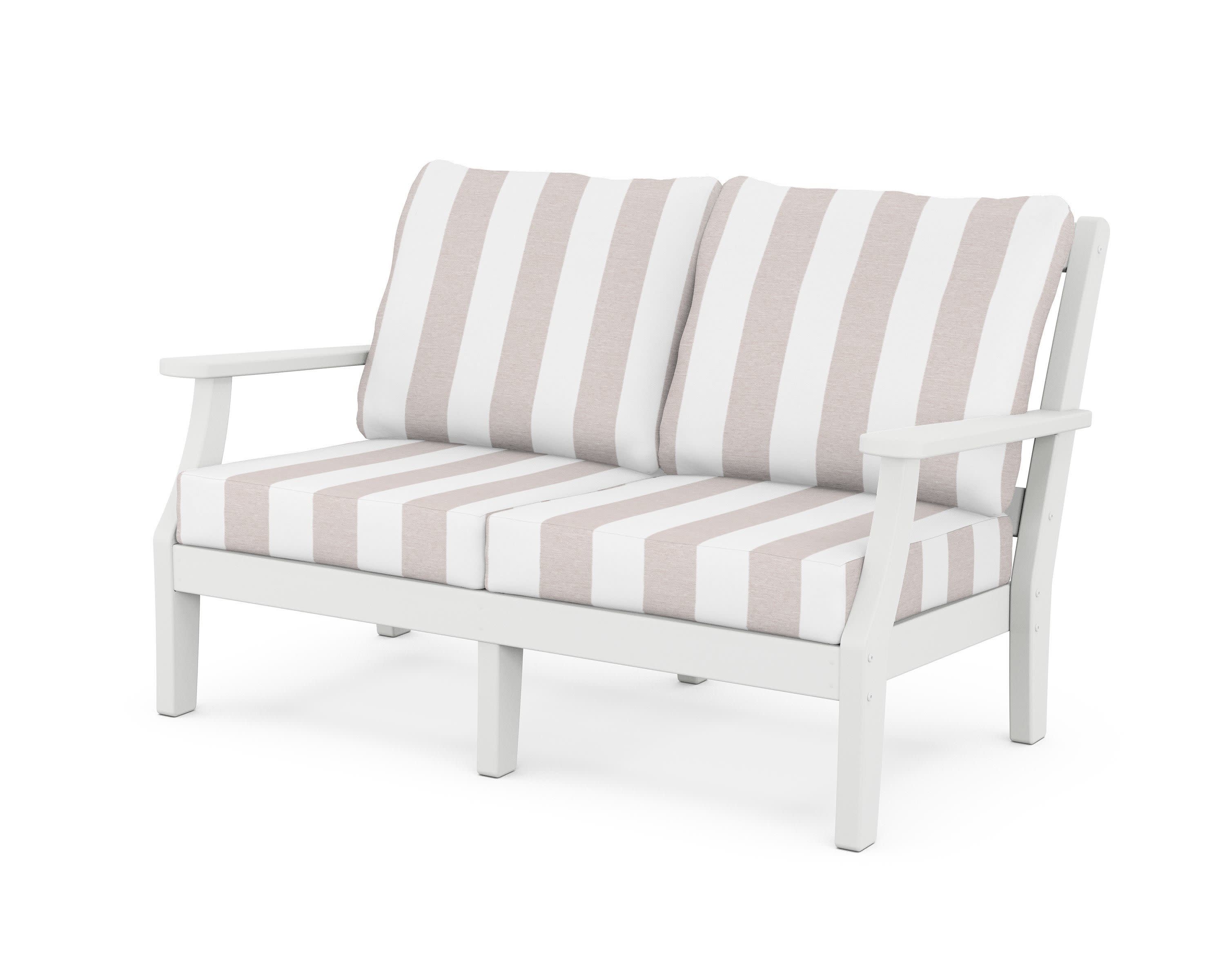 Chinoiserie Deep Seating Loveseat in White / Cabana Stripe Dune Burlap
