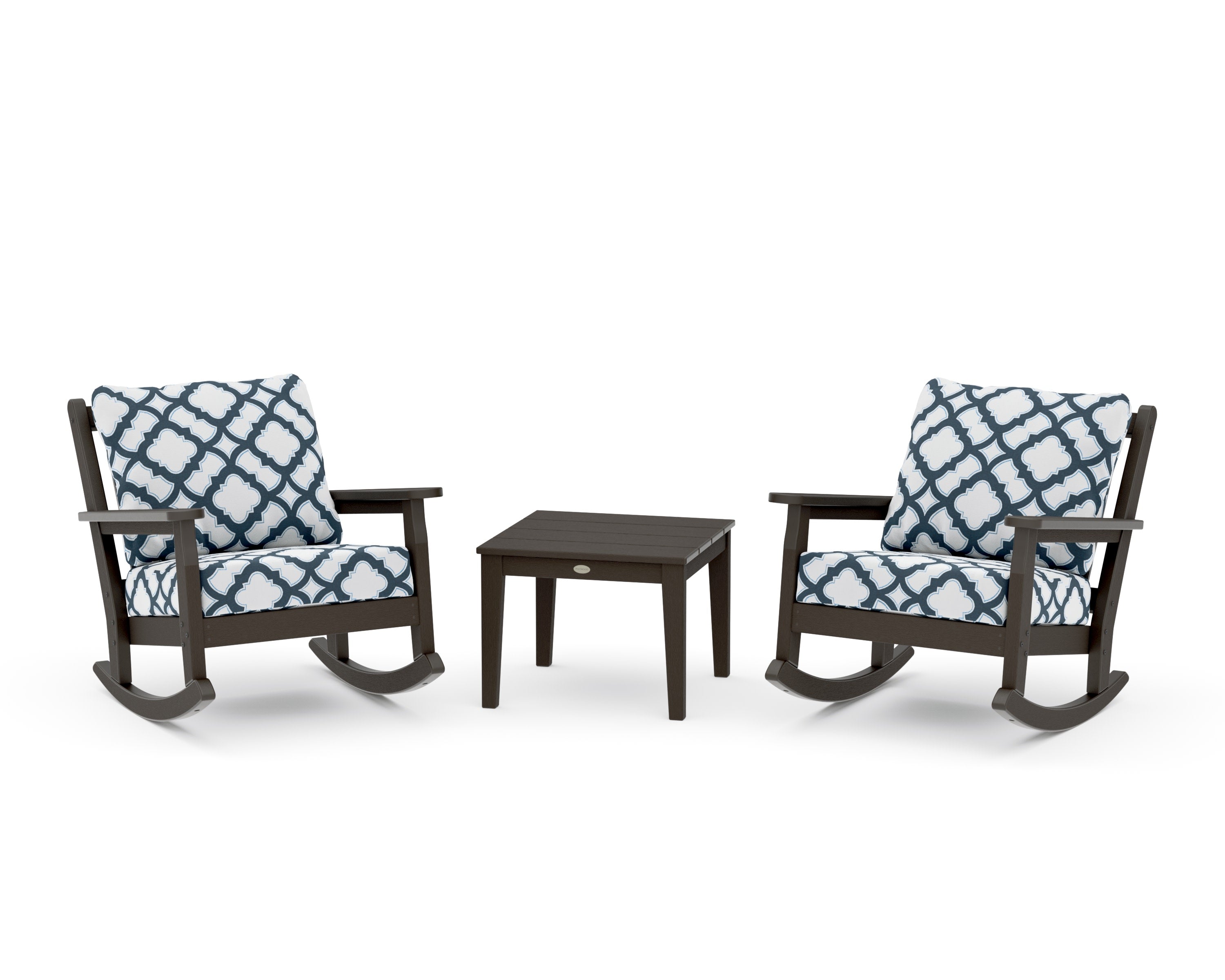 Chippendale 3-Piece Deep Seating Rocker Set in Vintage Coffee / Trellis Marine Indigo