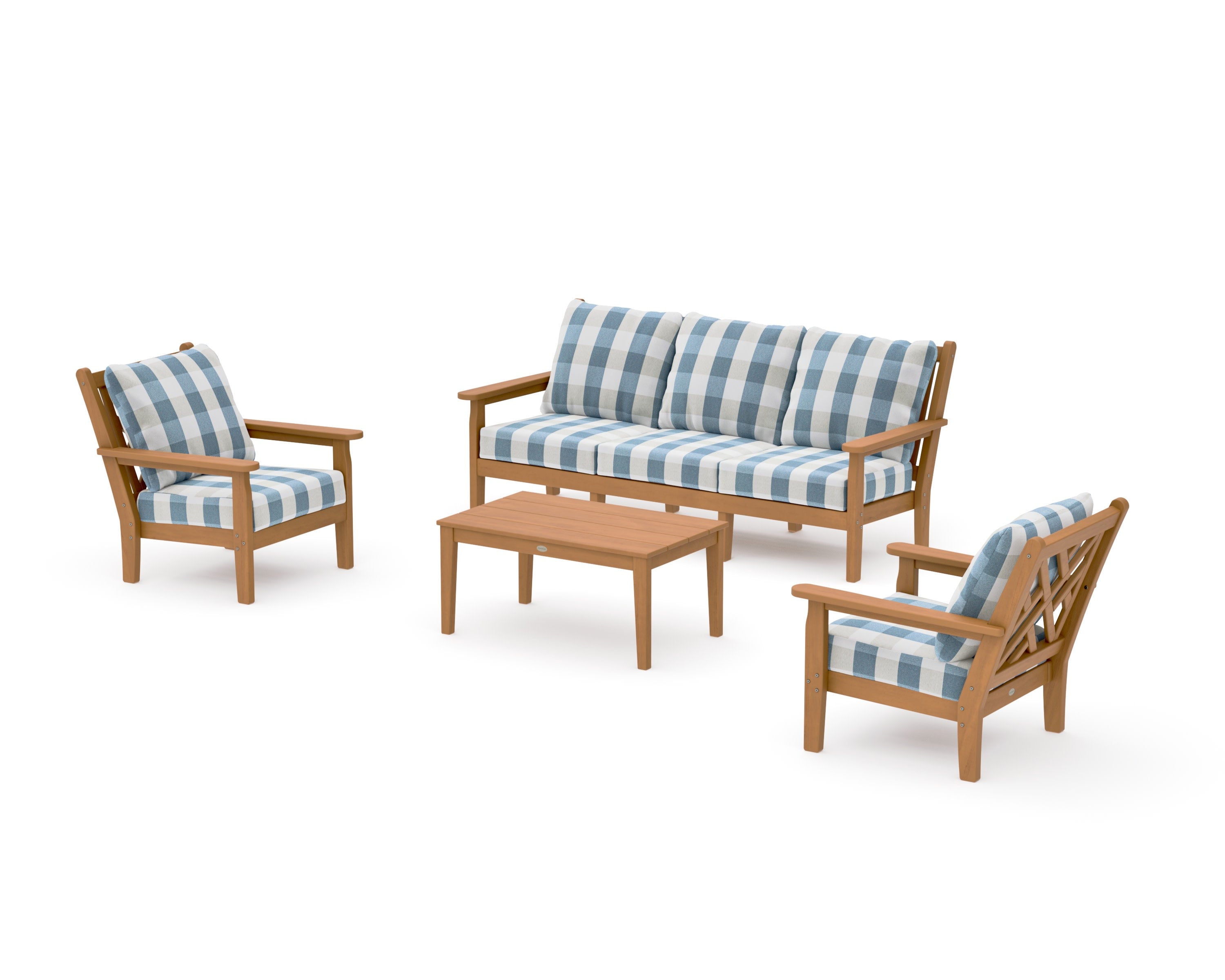 Chippendale 4-Piece Deep Seating Set with Sofa in Natural / Buffalo Plaid Sky Blue