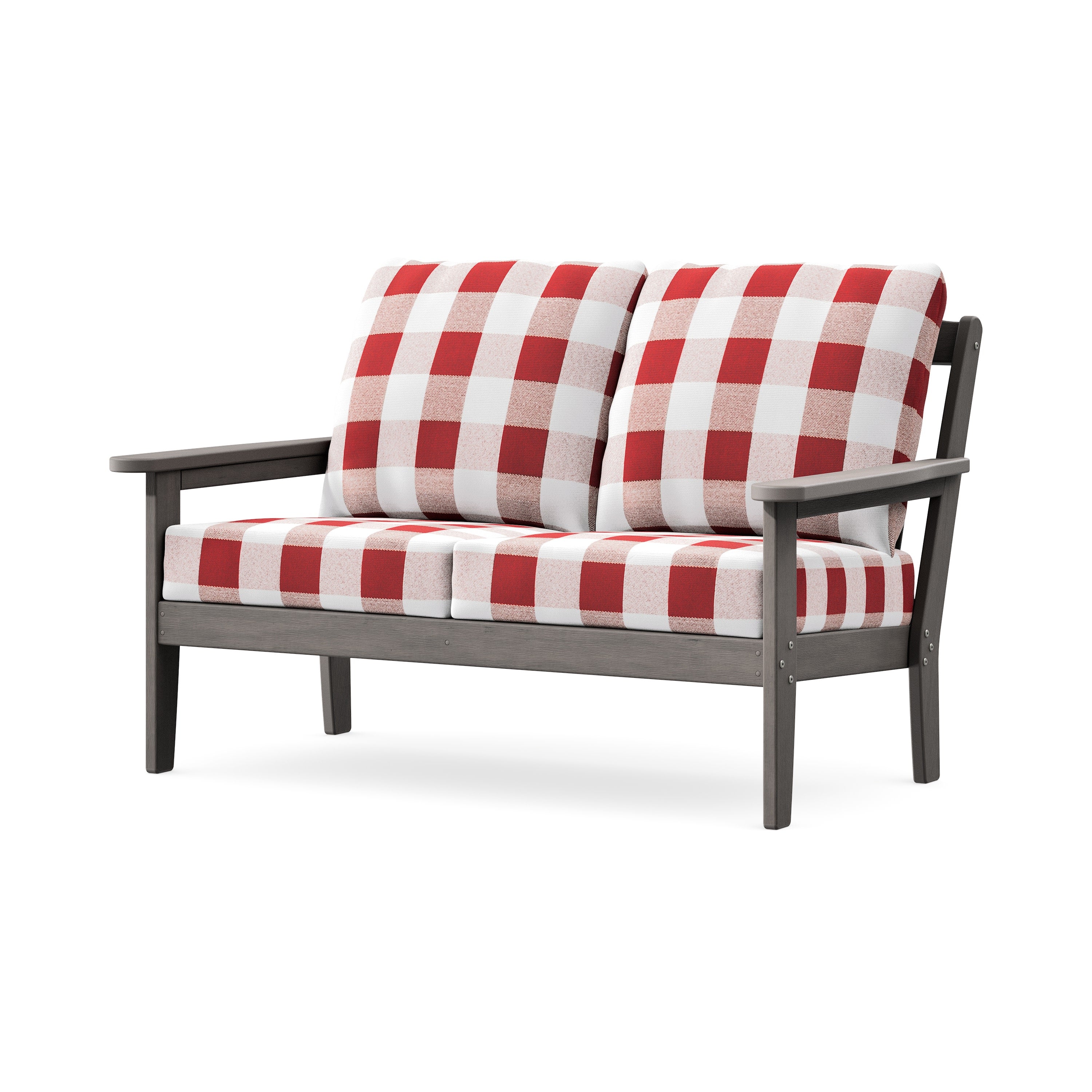 Cottage Deep Seating Loveseat in Driftwood / Buffalo Plaid Crimson