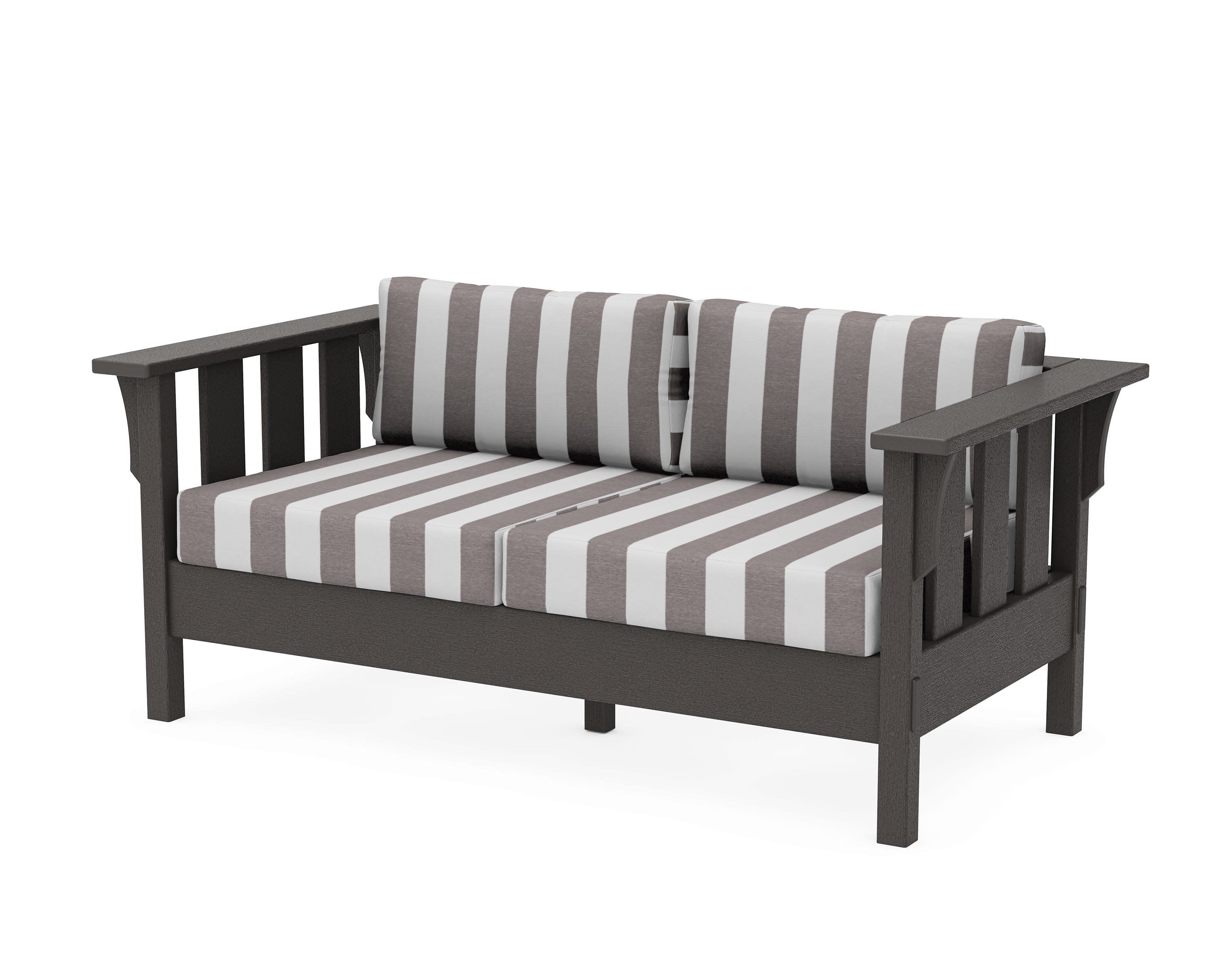 Acadia Deep Seating Loveseat in Vintage Coffee / Cabana Stripe Grey Mist