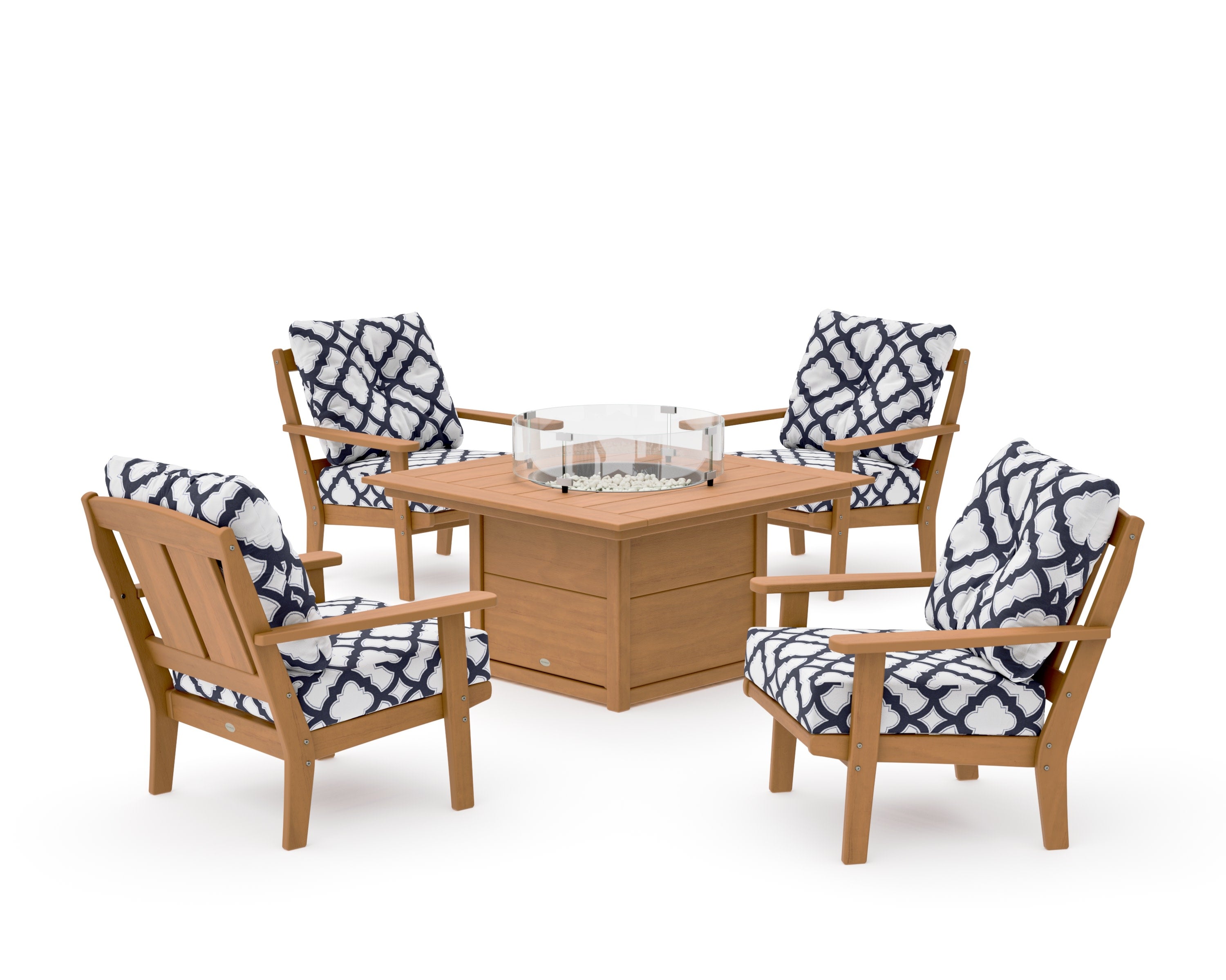 Mission 5-Piece Deep Seating Set with Fire Pit Table in Natural / Trellis Navy