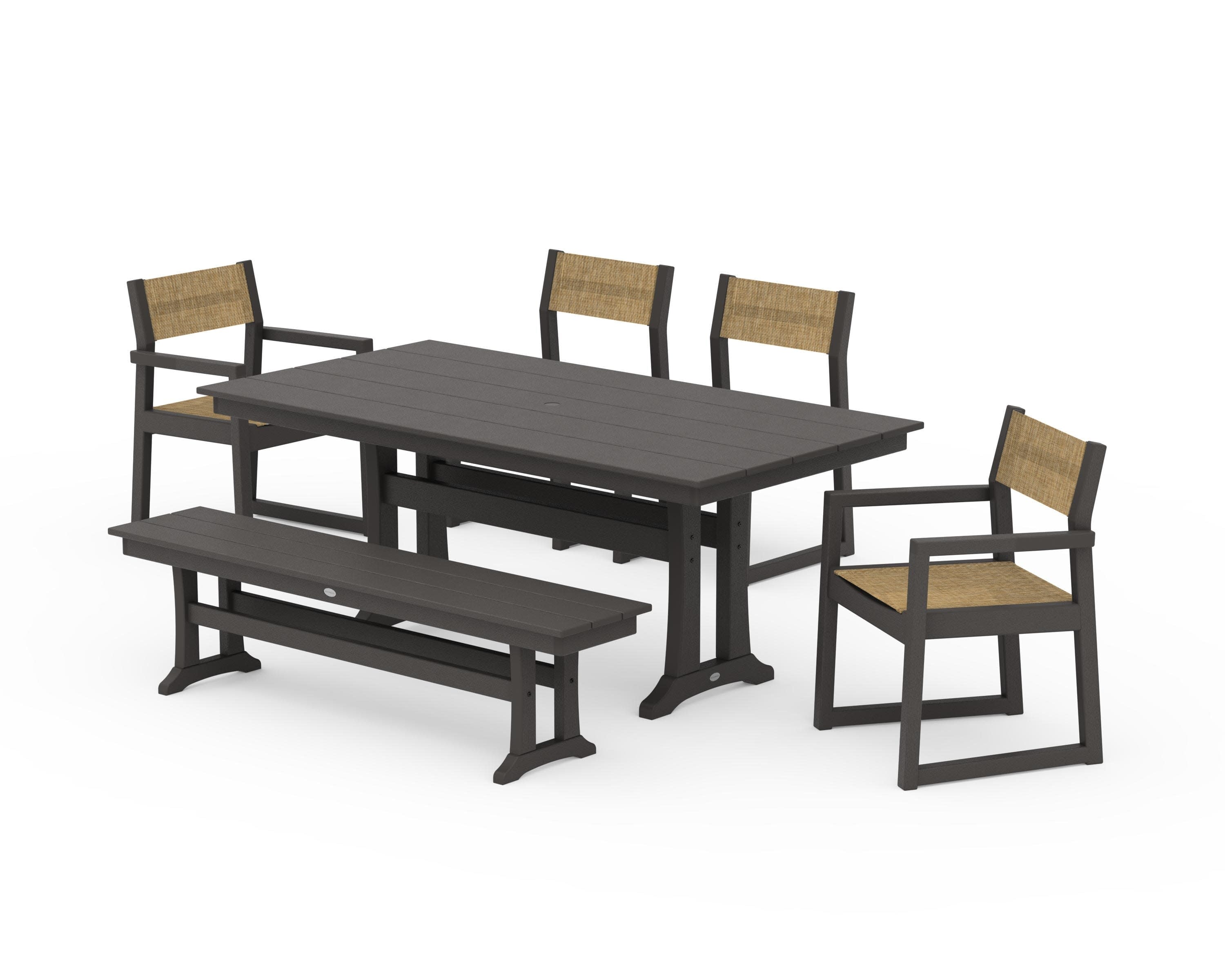 EDGE Sling 6-Piece Farmhouse Dining Set With Trestle Legs in Vintage Coffee / Burlap Sling