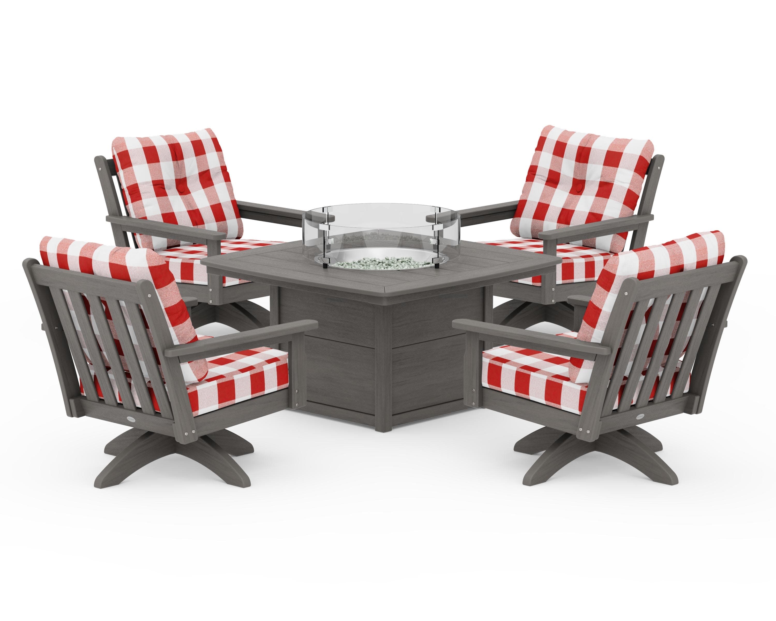 Vineyard 5-Piece Deep Seating Swivel Conversation Set with Fire Pit Table in Driftwood / Buffalo Plaid Crimson