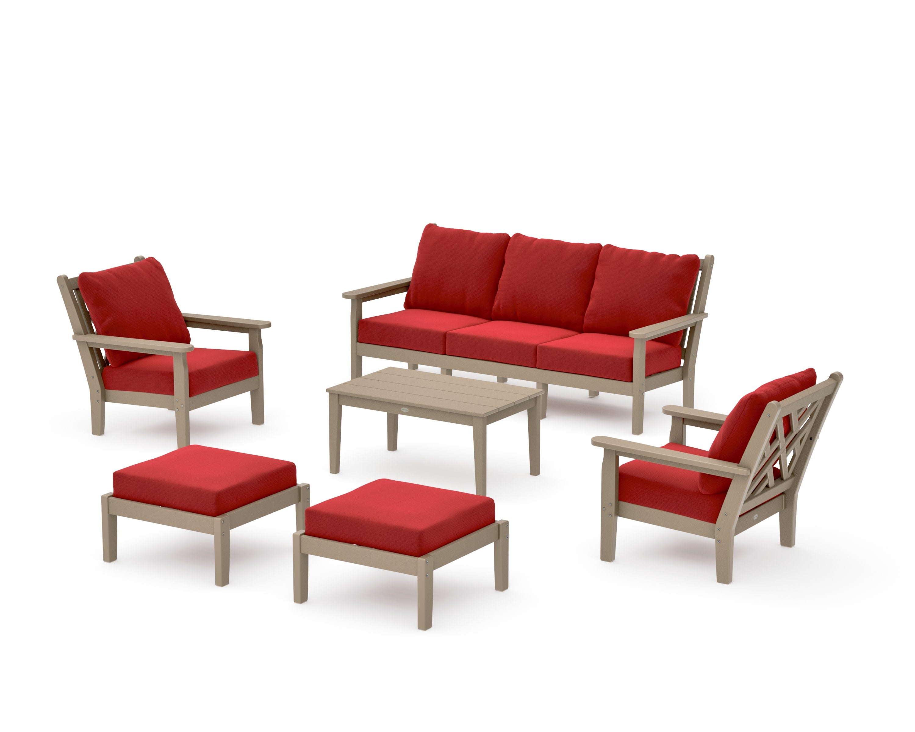 Chippendale 6-Piece Lounge Sofa Set in Vintage Sahara / Crimson Linen