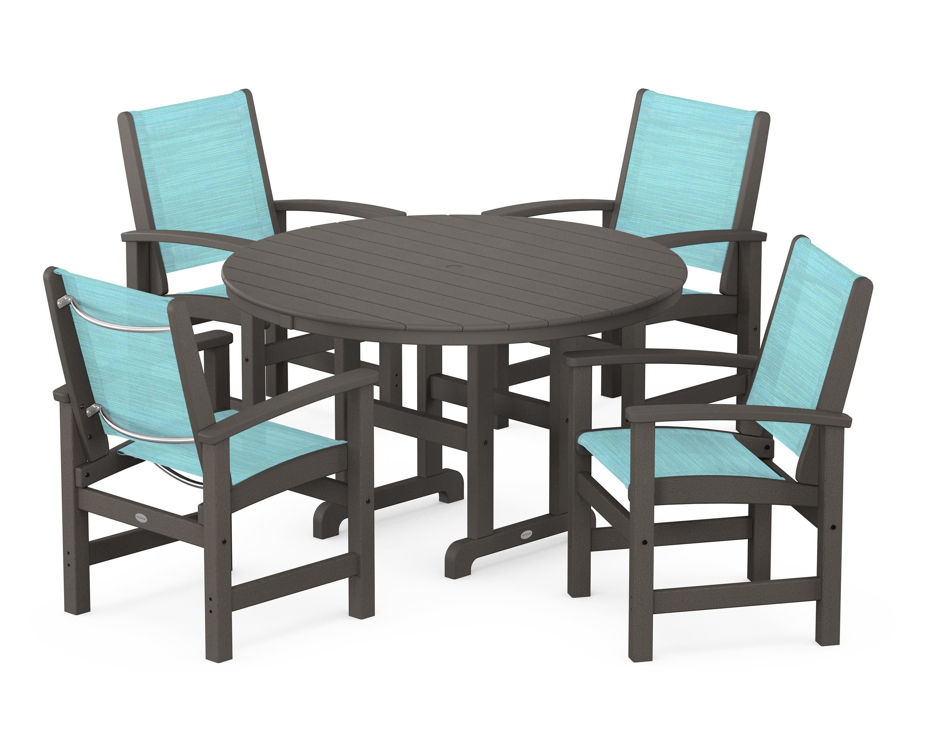 Coastal 5-Piece Round Farmhouse Dining Set in Vintage Coffee / Dupioni Aquamarine Sling