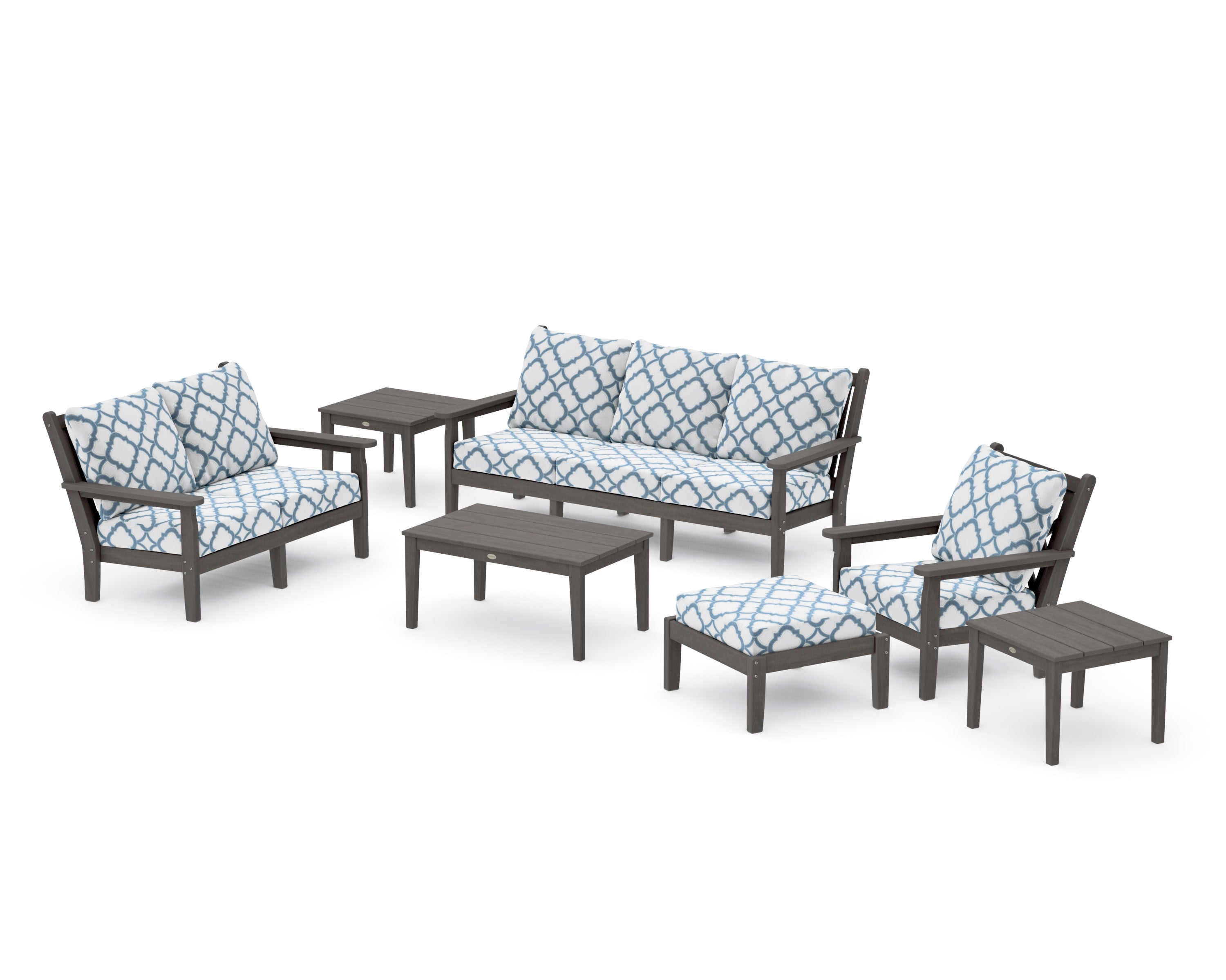 Chippendale 7-Piece Deep Seating Set in Driftwood / Trellis Sky Blue