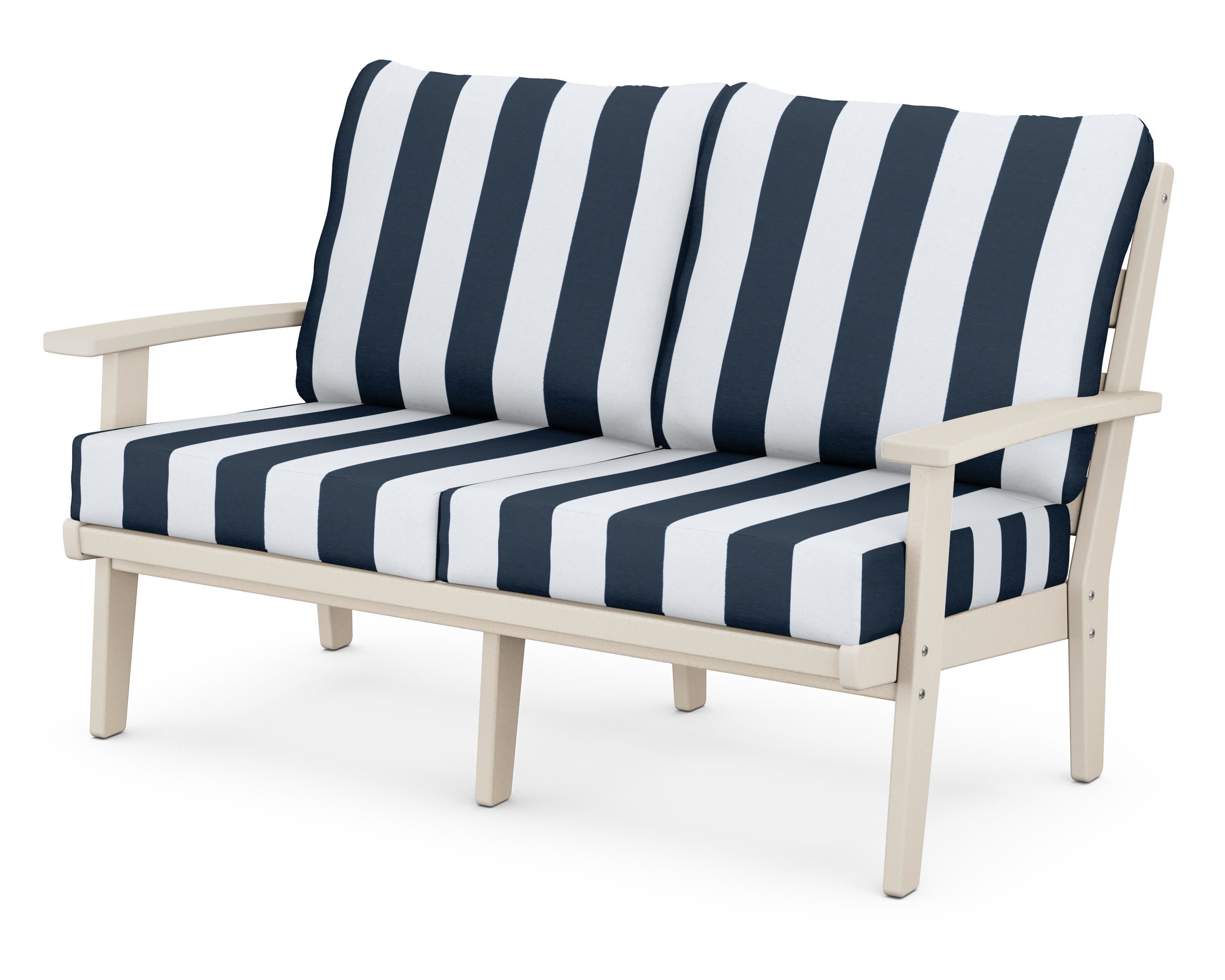Grant Park Deep Seating Loveseat in Sand / Cabana Stripe Marine Indigo