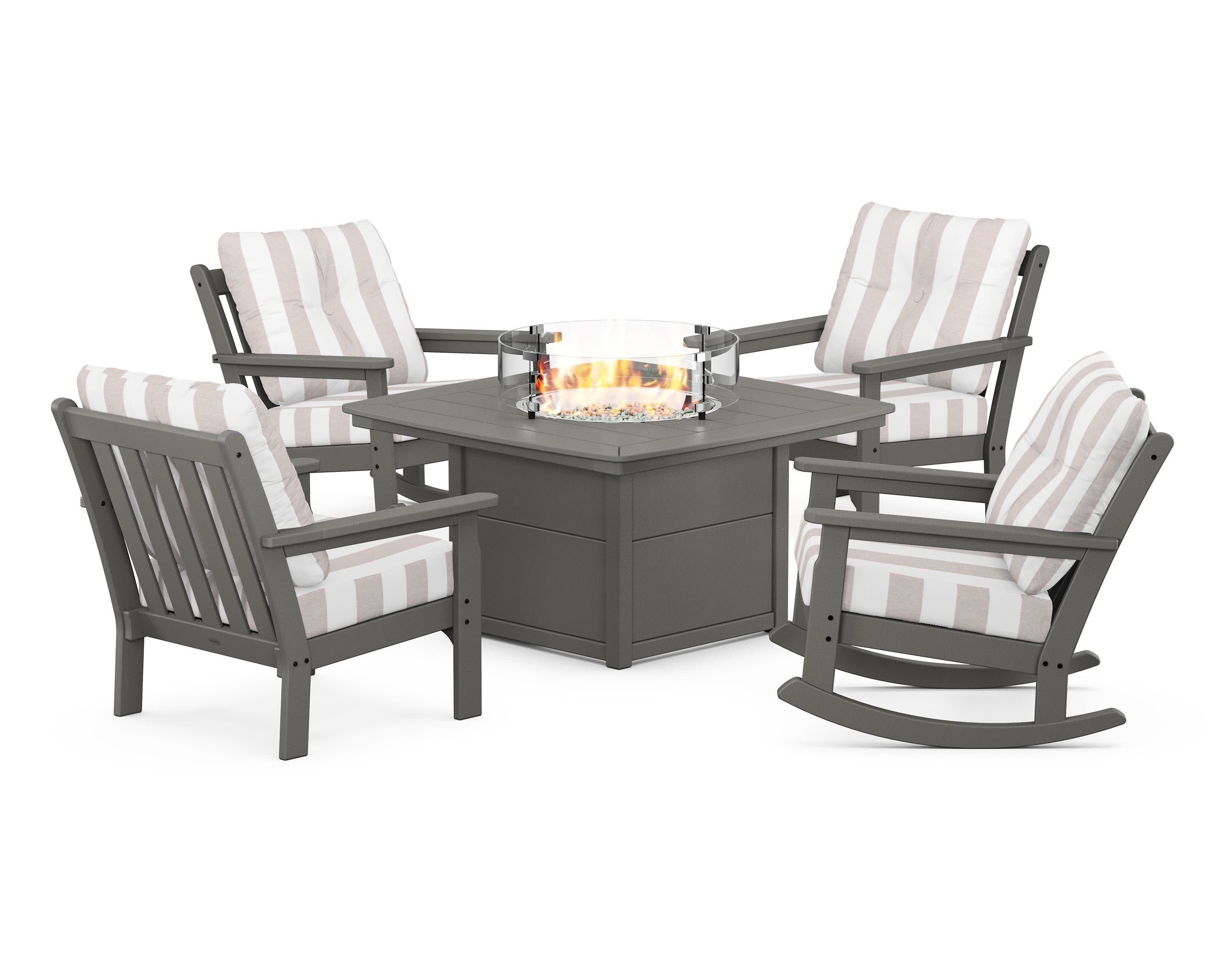 Vineyard 5-Piece Deep Seating Rocking Chair Conversation Set with Fire Pit Table in Slate Grey / Cabana Stripe Dune Burlap