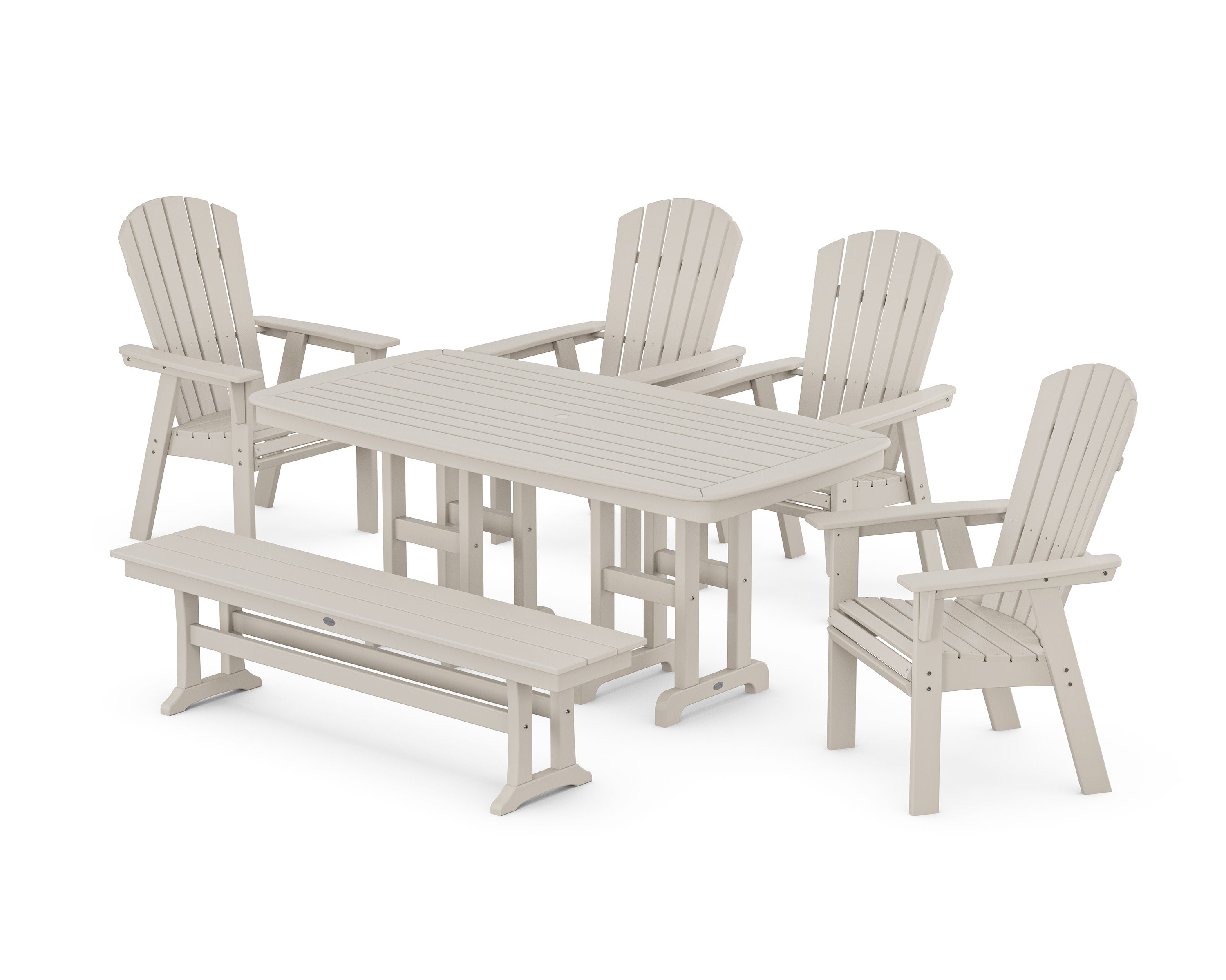Nautical Curveback Adirondack 6-Piece Dining Set with Bench in Sand