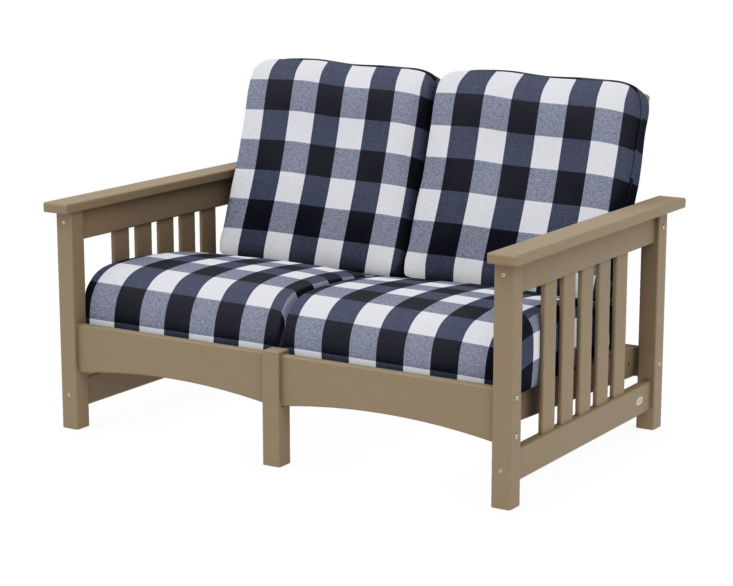 Club Mission Loveseat in Vintage Sahara / Buffalo Plaid Marine Indigo