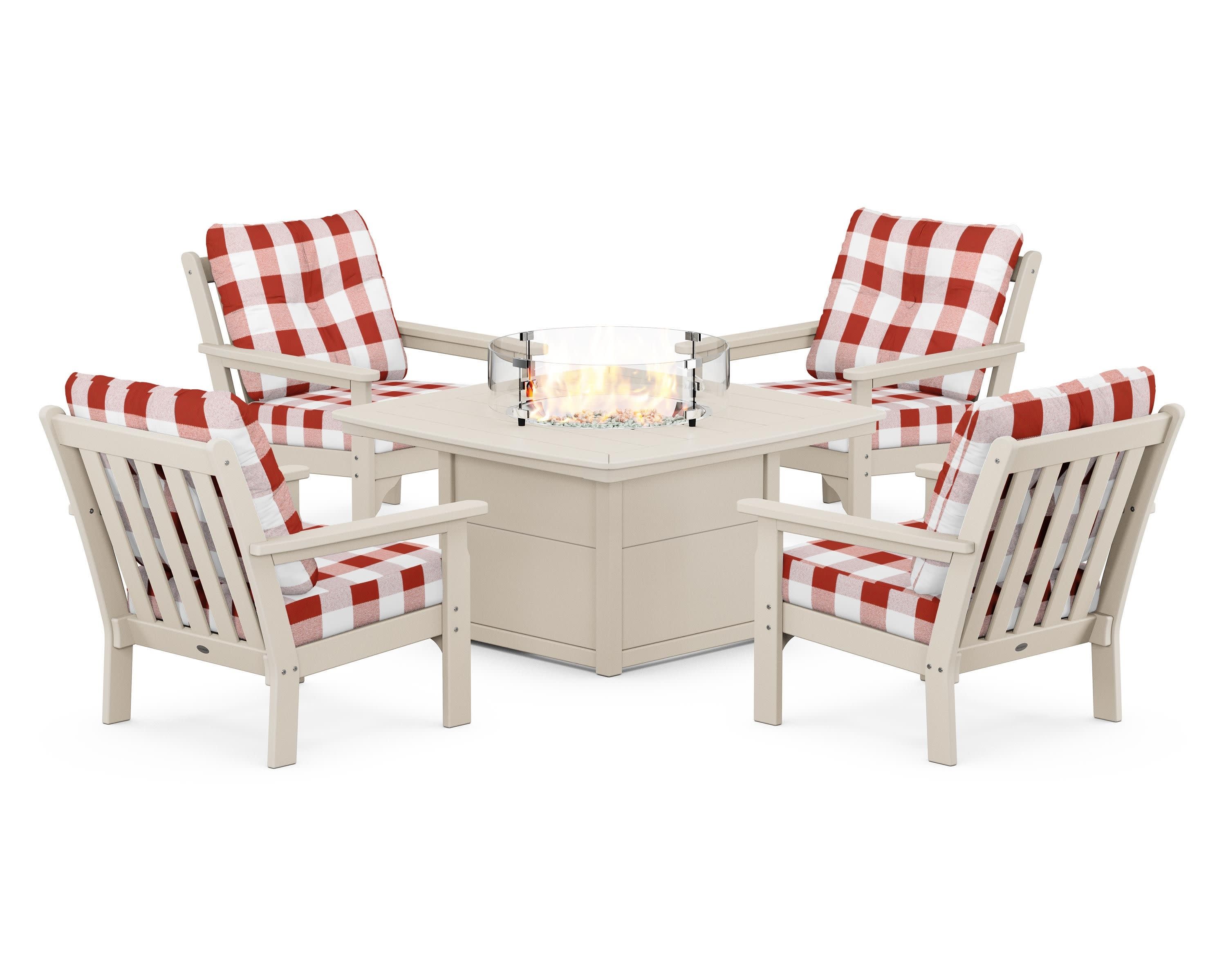 Vineyard 5-Piece Conversation Set with Fire Pit Table in Sand / Buffalo Plaid Crimson