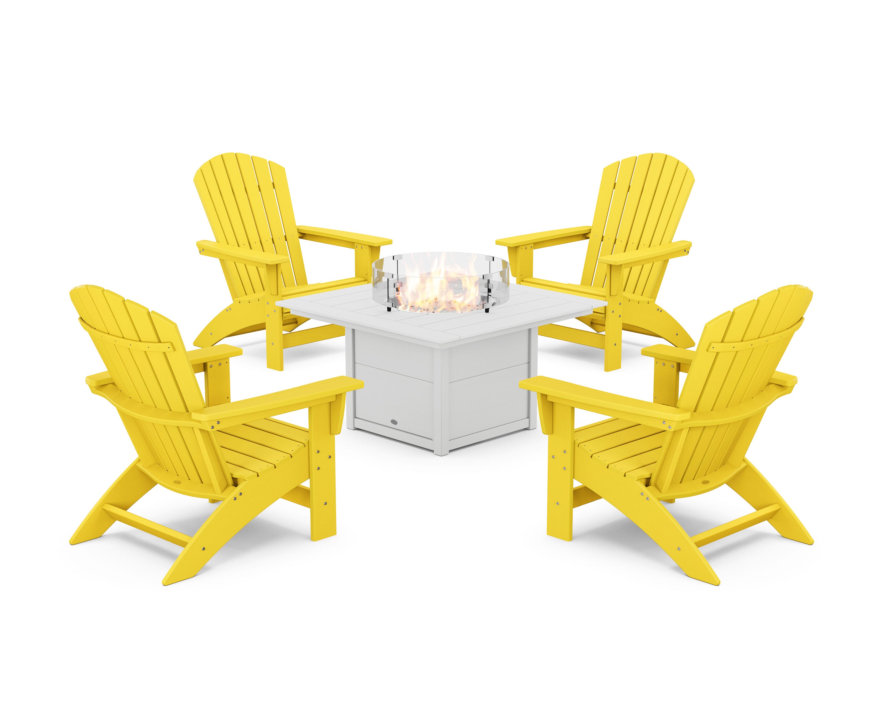 5-Piece Nautical Grand Adirondack Conversation Set with Fire Pit Table in Lemon / White