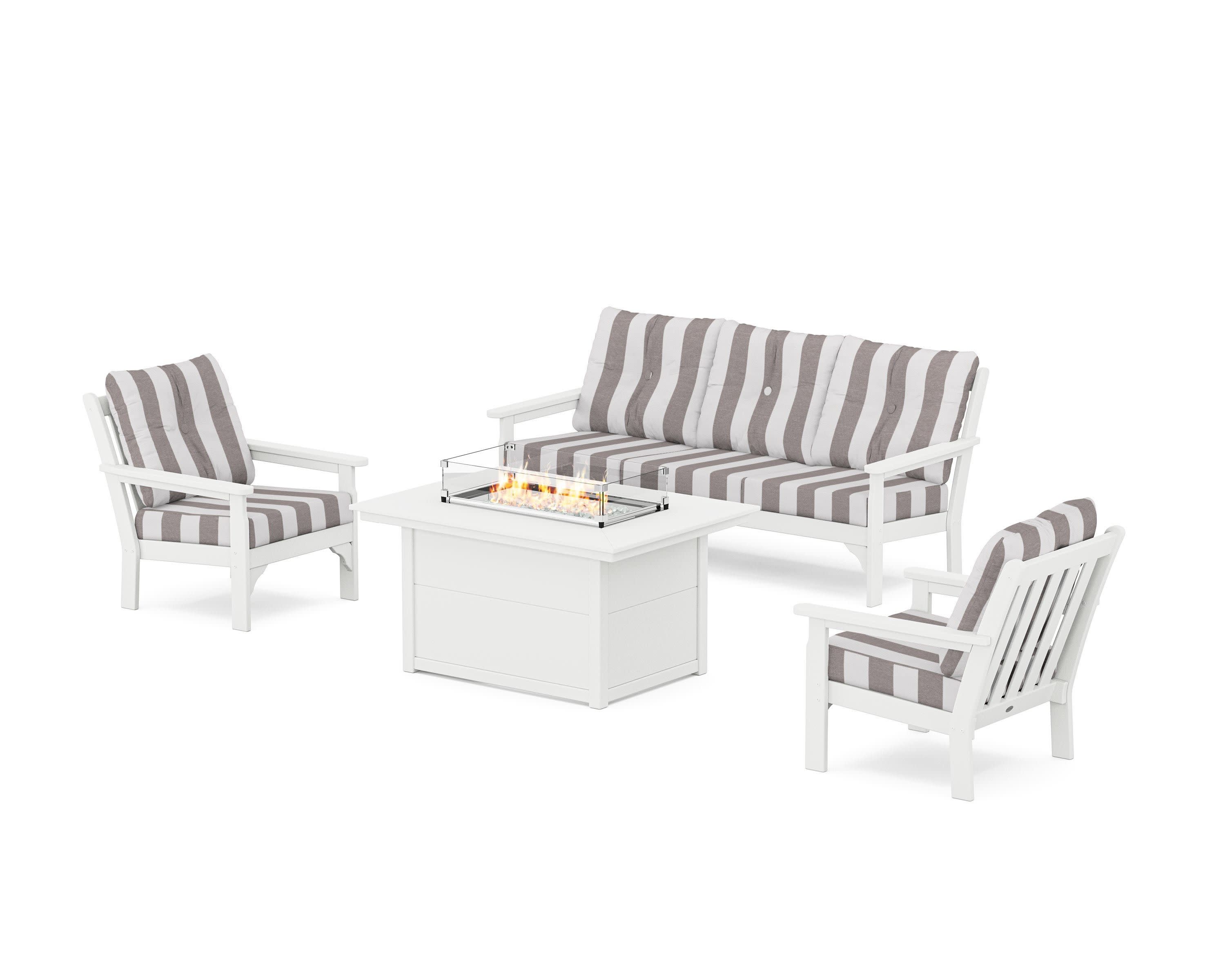 Vineyard Deep Seating Fire Pit Table Set in White / Cabana Stripe Grey Mist