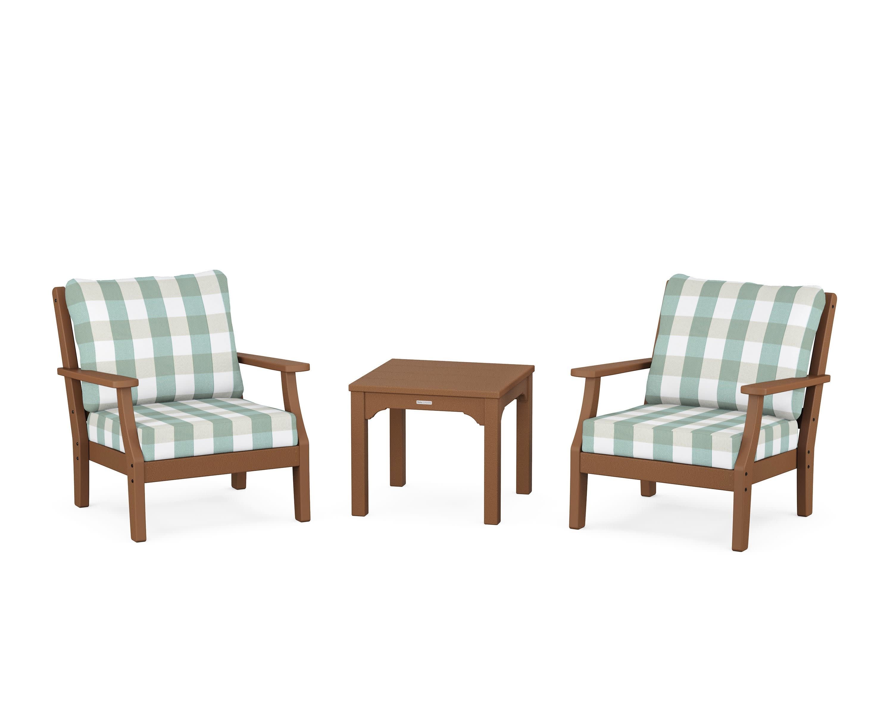 Chinoiserie 3-Piece Deep Seating Set in Teak / Buffalo Plaid Glacier Spa