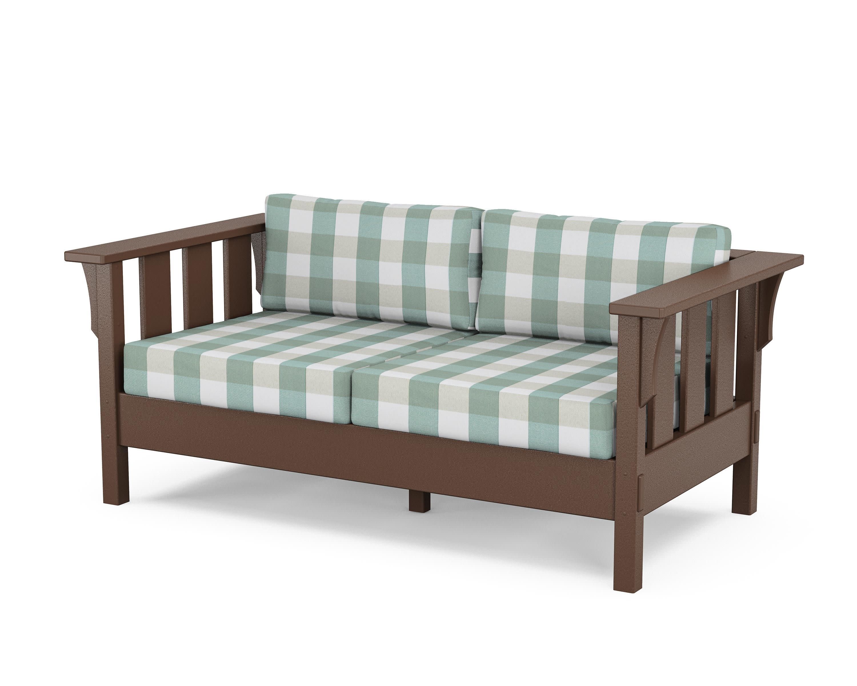 Acadia Deep Seating Loveseat in Mahogany / Buffalo Plaid Glacier Spa