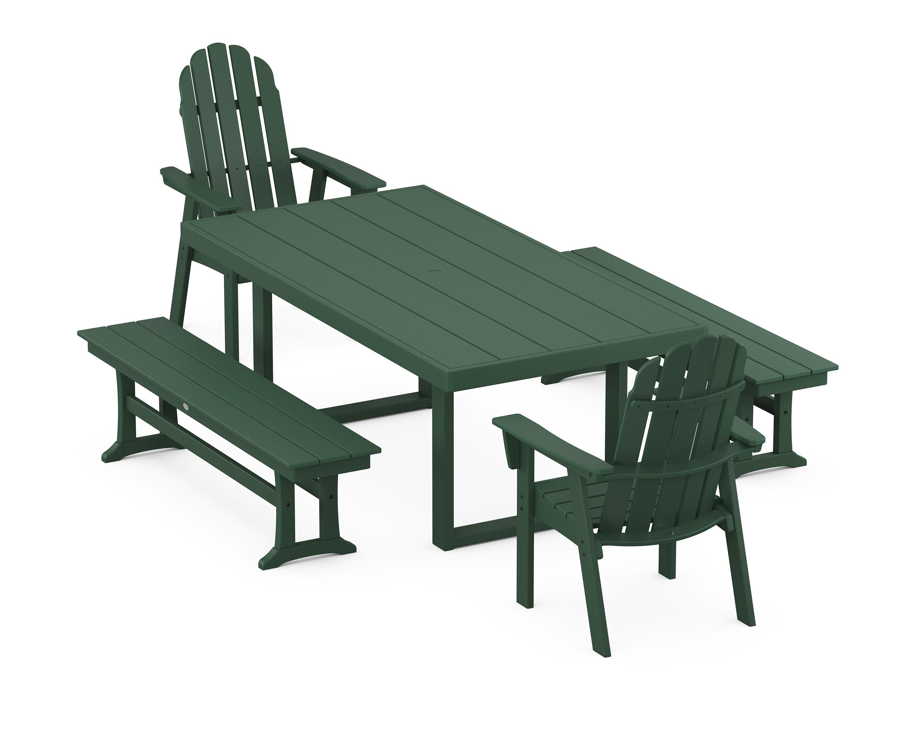 Vineyard Adirondack 5-Piece Dining Set with Benches in Green