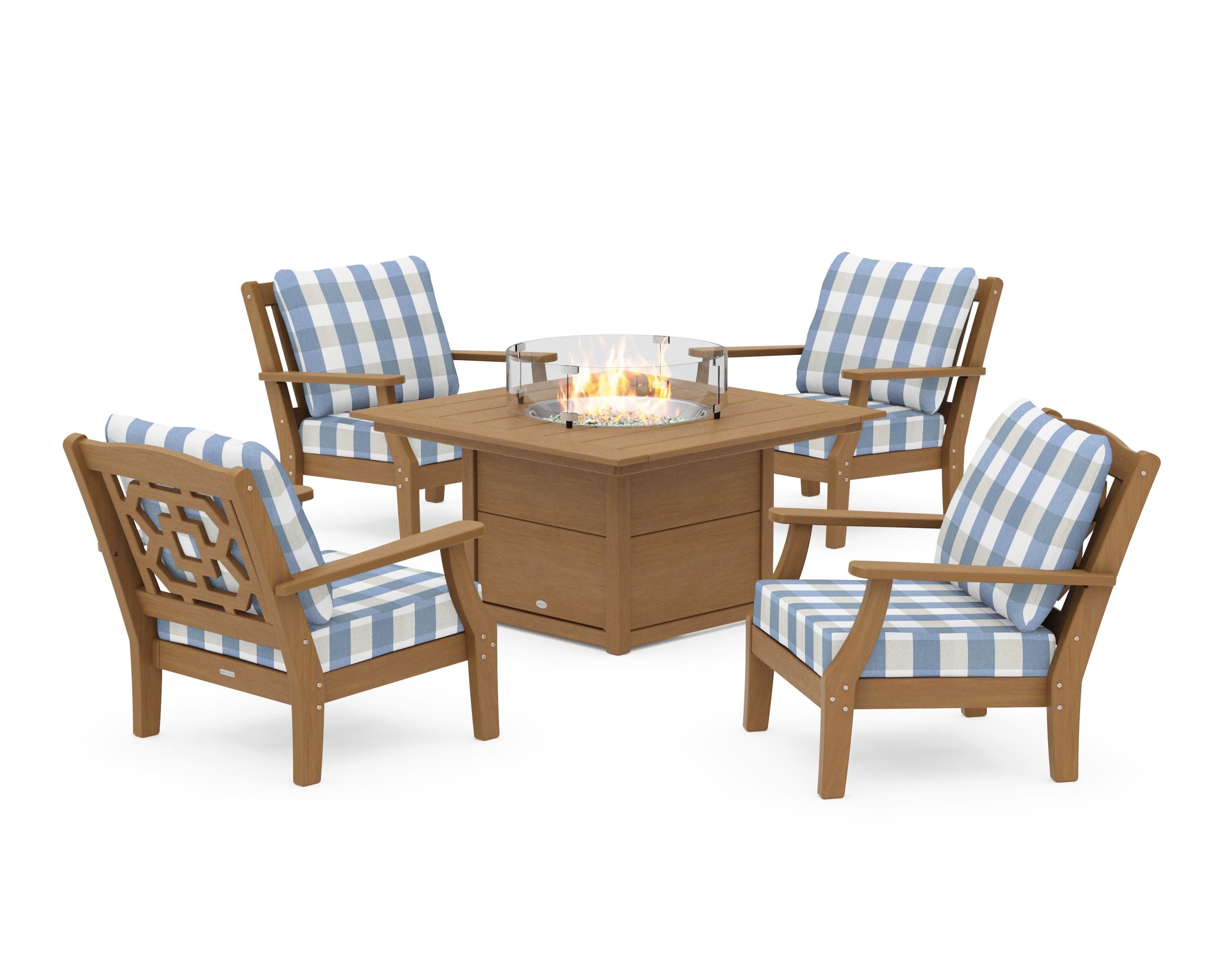Chinoiserie 5-Piece Deep Seating Set with Fire Pit Table in Natural / Buffalo Plaid Sky Blue