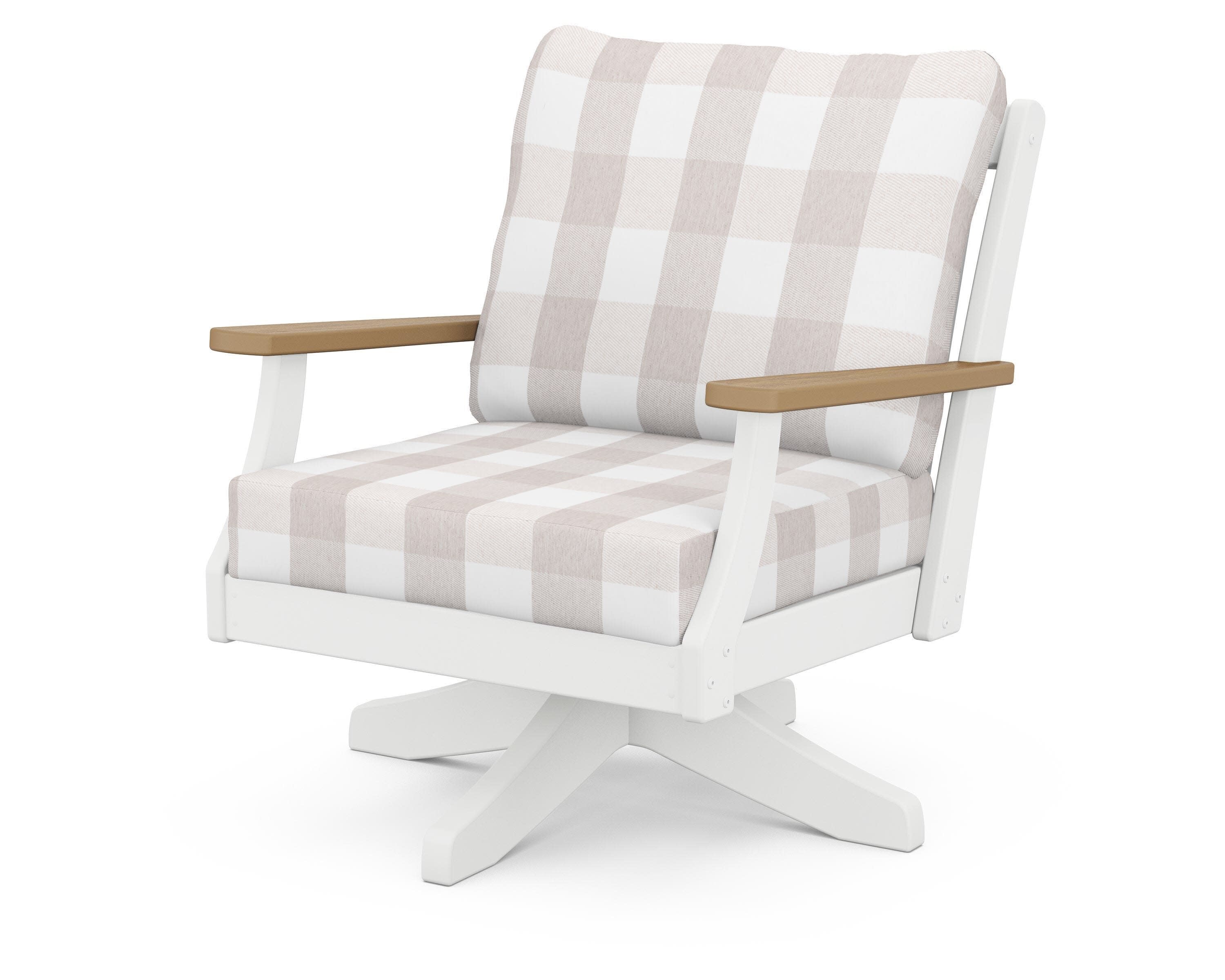Braxton Deep Seating Swivel Chair in White / Natural / Buffalo Plaid Dune Burlap