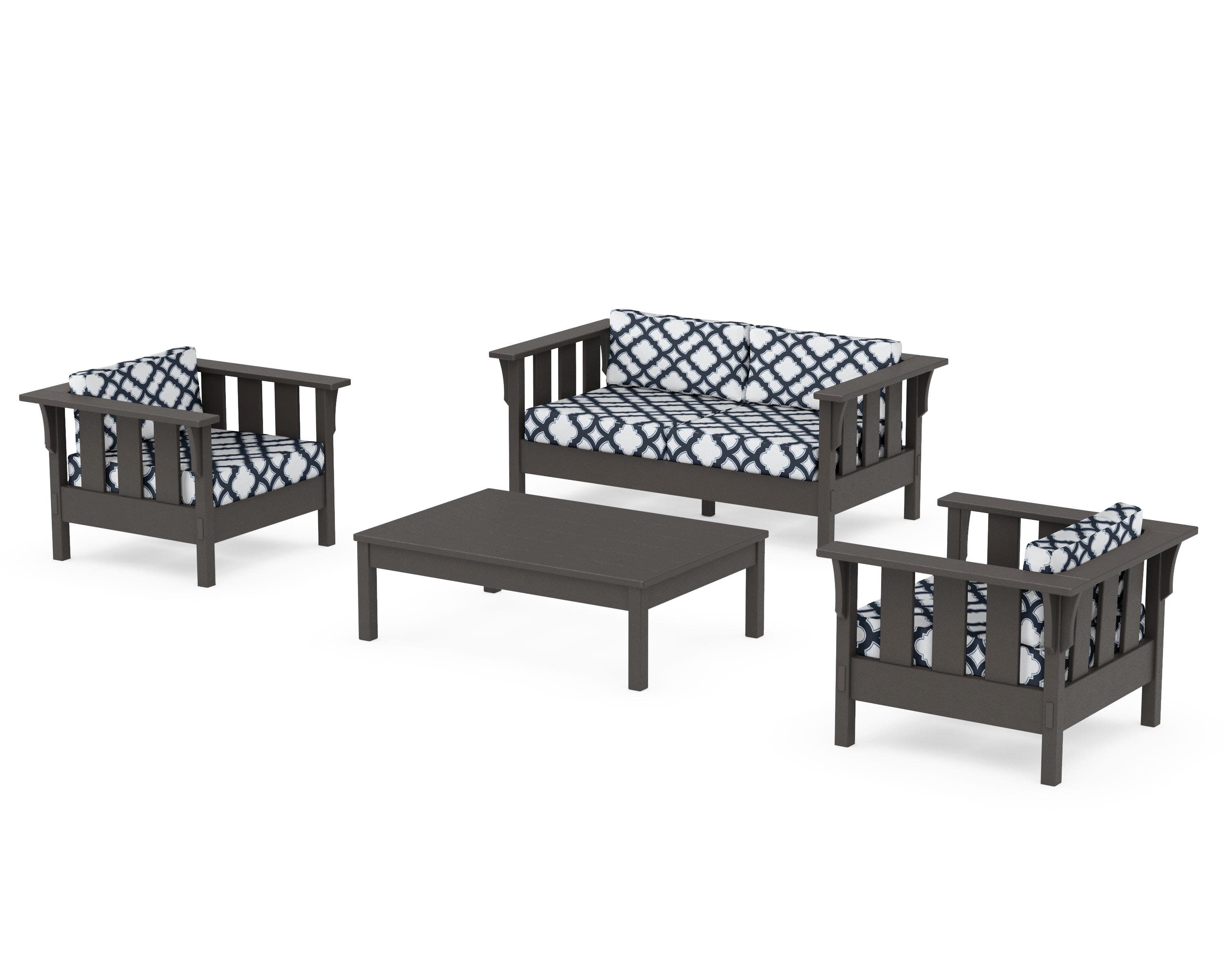 Acadia 4-Piece Deep Seating Set with Loveseat in Vintage Coffee / Trellis Marine Indigo