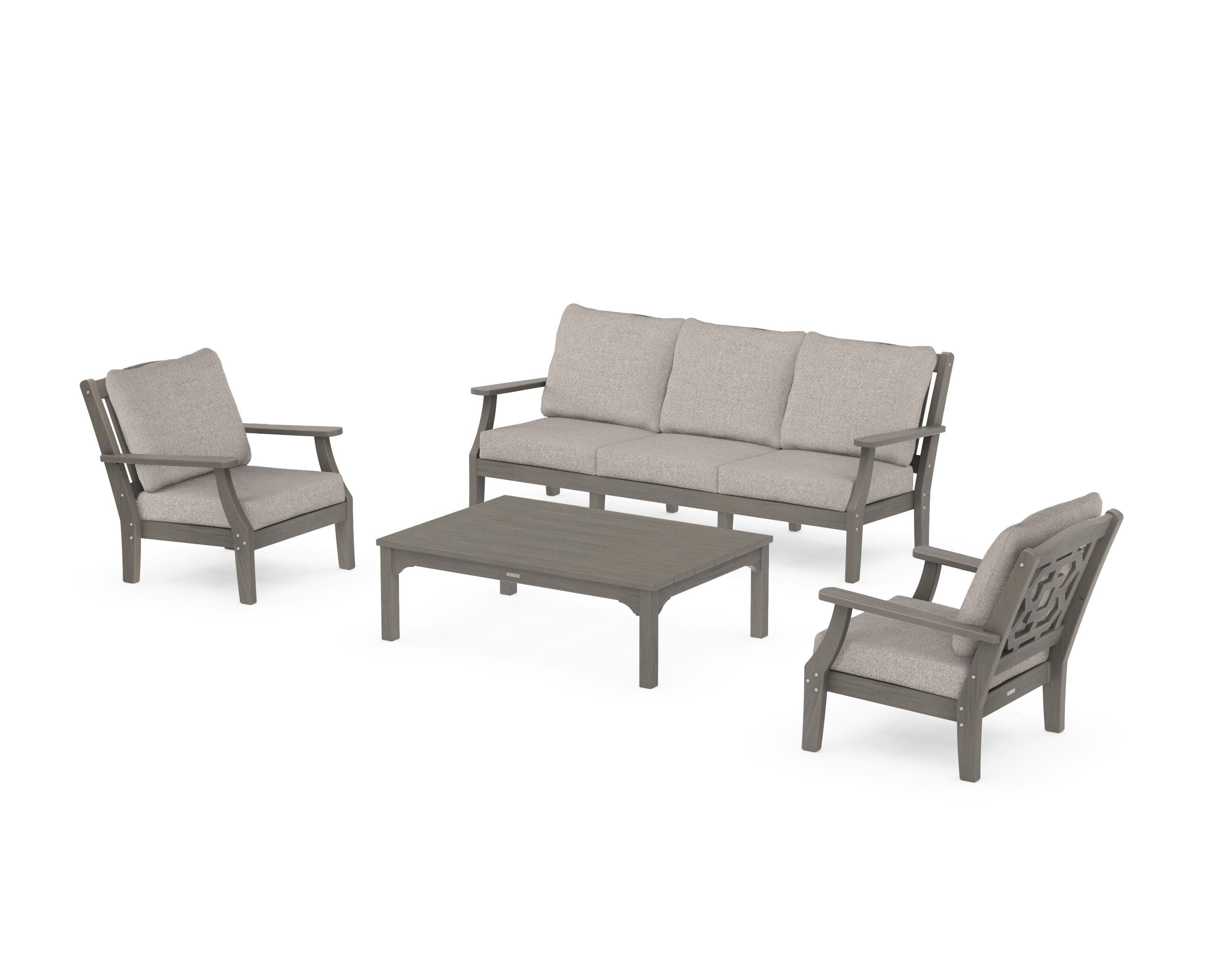 Chinoiserie 4-Piece Deep Seating Set with Sofa in Driftwood / Weathered Tweed